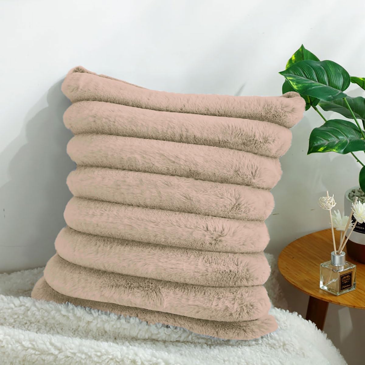 Luxurious Plush Cushion Cover (16 Inch x 16 Inch, Beige)