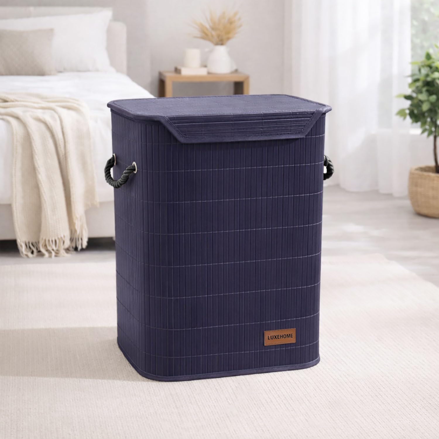 Rectangle Bamboo Laundry Basket for Clothes (Navy, 40x30x50 cm)