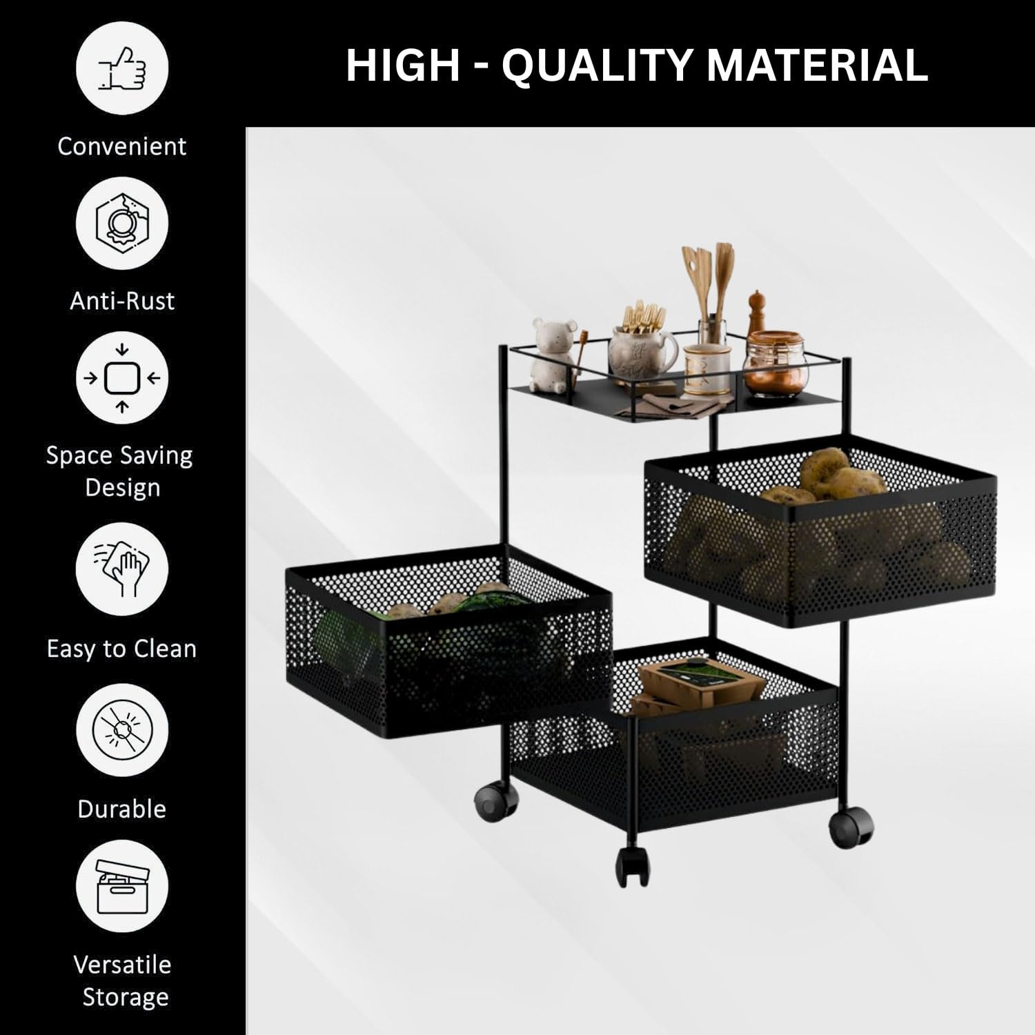 3-Tier Revolving Kitchen Trolley with Wheels (Black 29x29x65)