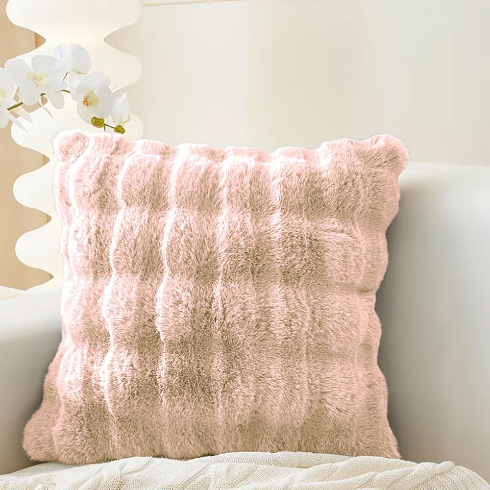 Rabbit Fur Bubble Cushion Cover (16x16 Inch Peach)