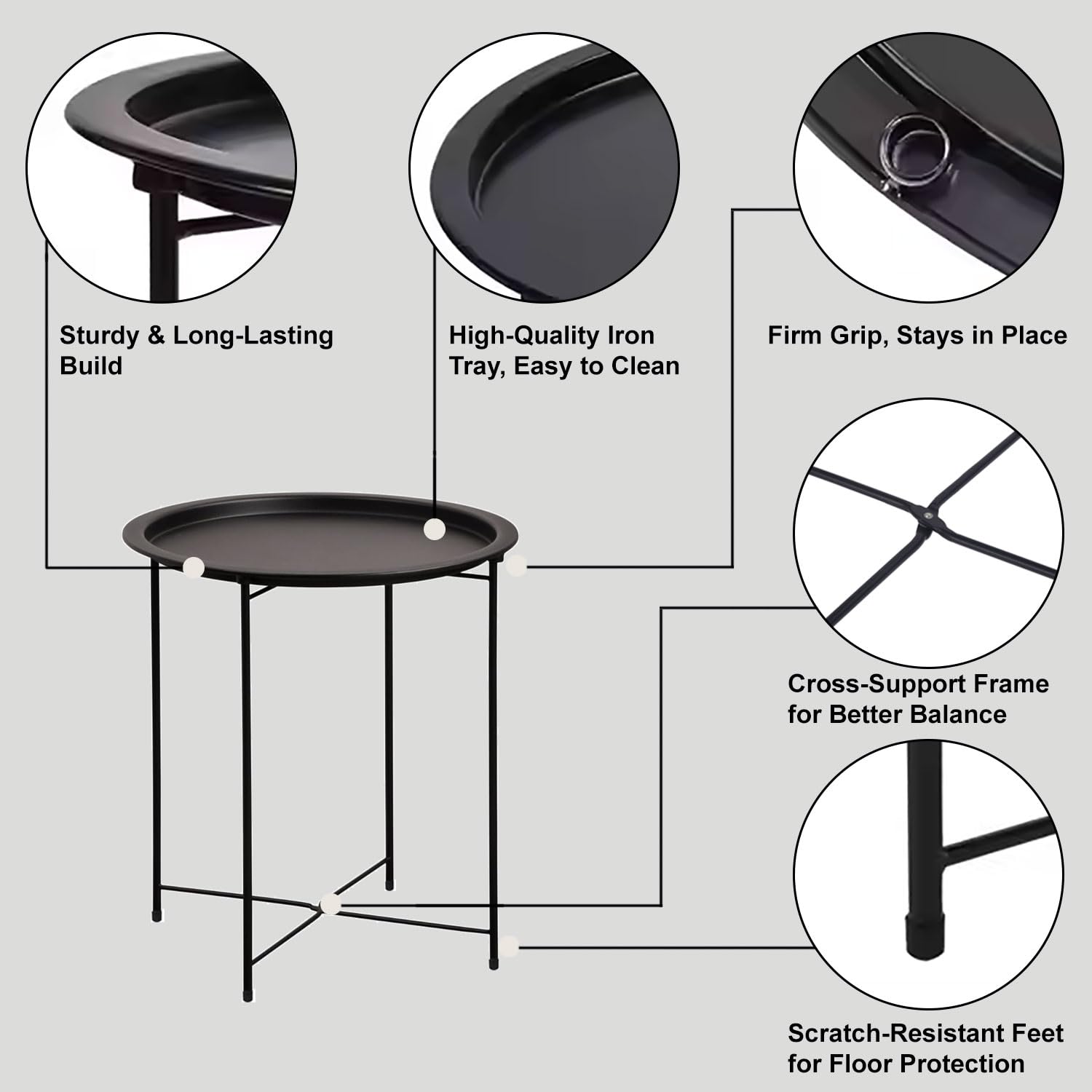Round Metal Side Table for Living Room & Bedroom – Modern Bedside Table, Coffee Table, Corner Table with Sturdy Iron Frame, Black (47x47x50 cm)