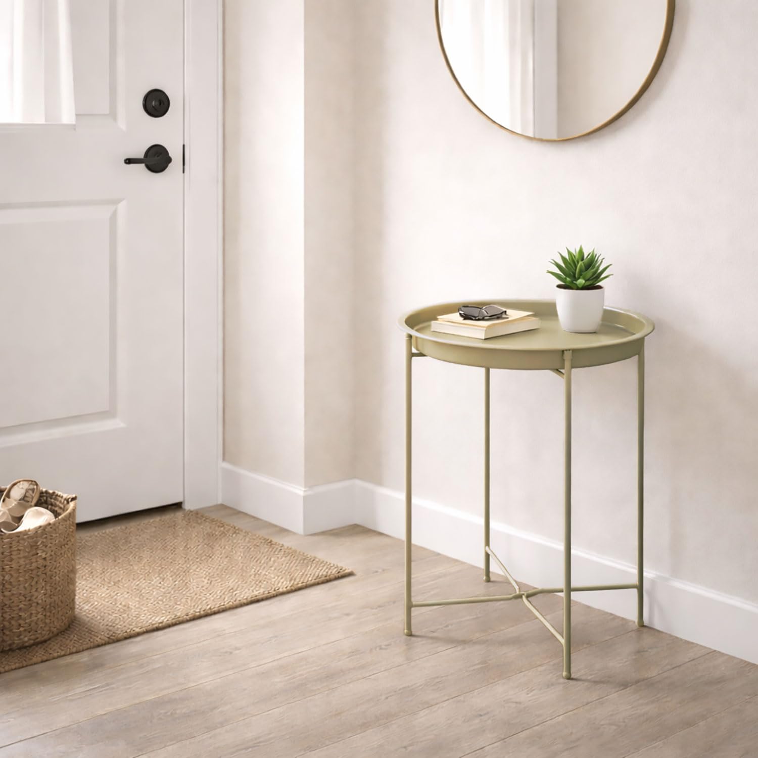 Round Metal Side Table for Living Room & Bedroom – Modern Bedside Table, Coffee Table, Corner Table with Sturdy Iron Frame, Taupe, 33x33x48-Small