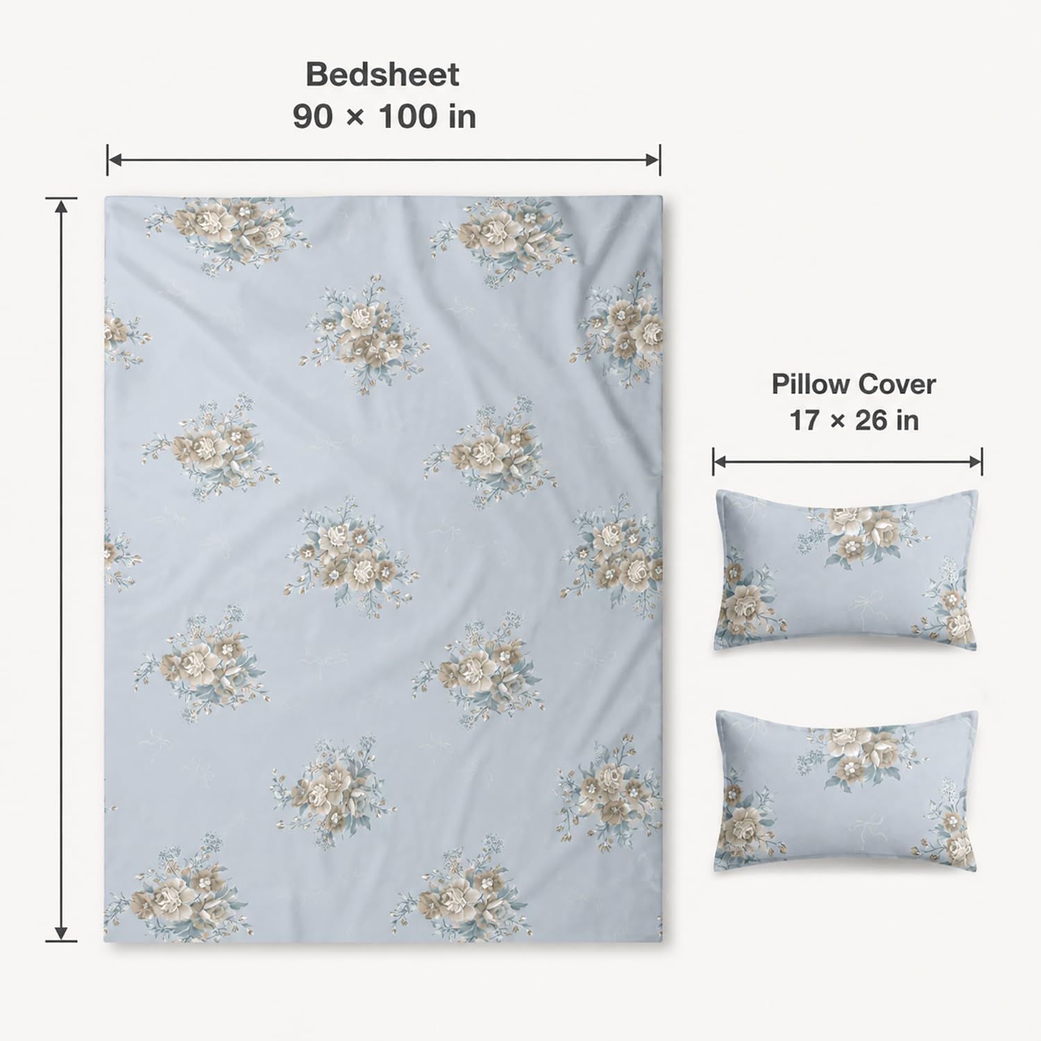 King Size Double Bedsheet with 2 Pillow Covers Premium Soft Bauquet Printed  90x100inch