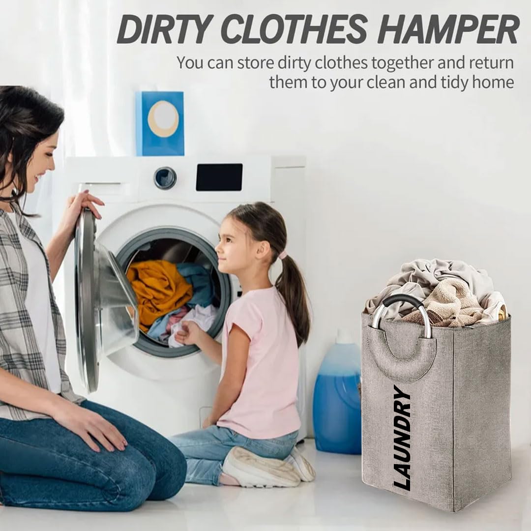 Tall Laundry Hamper with Aluminum Handles (30L x 40W x 65H cm , Beige)