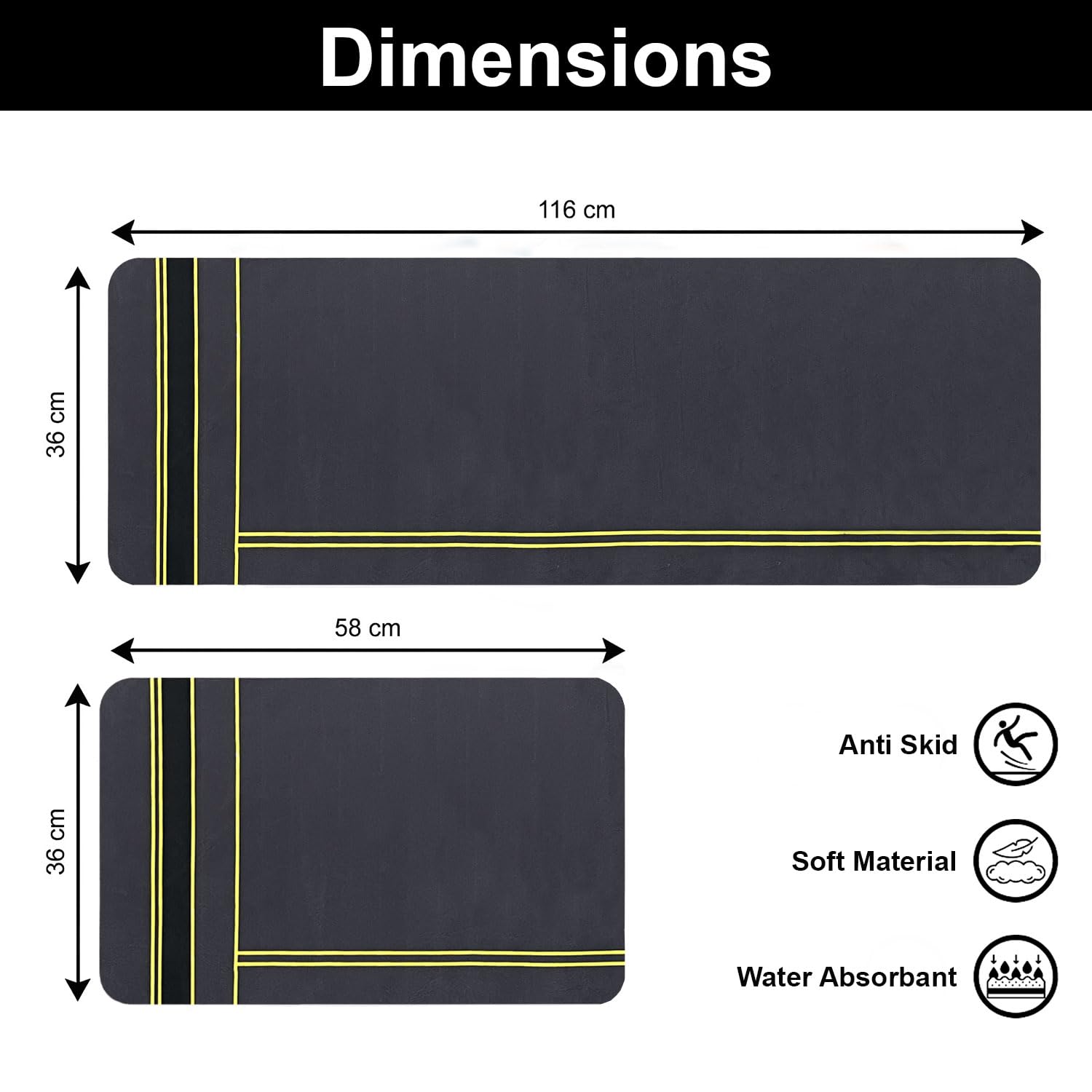Kitchen Mat Combo Stripe Design (116x36 & 58x36 cm Grey)