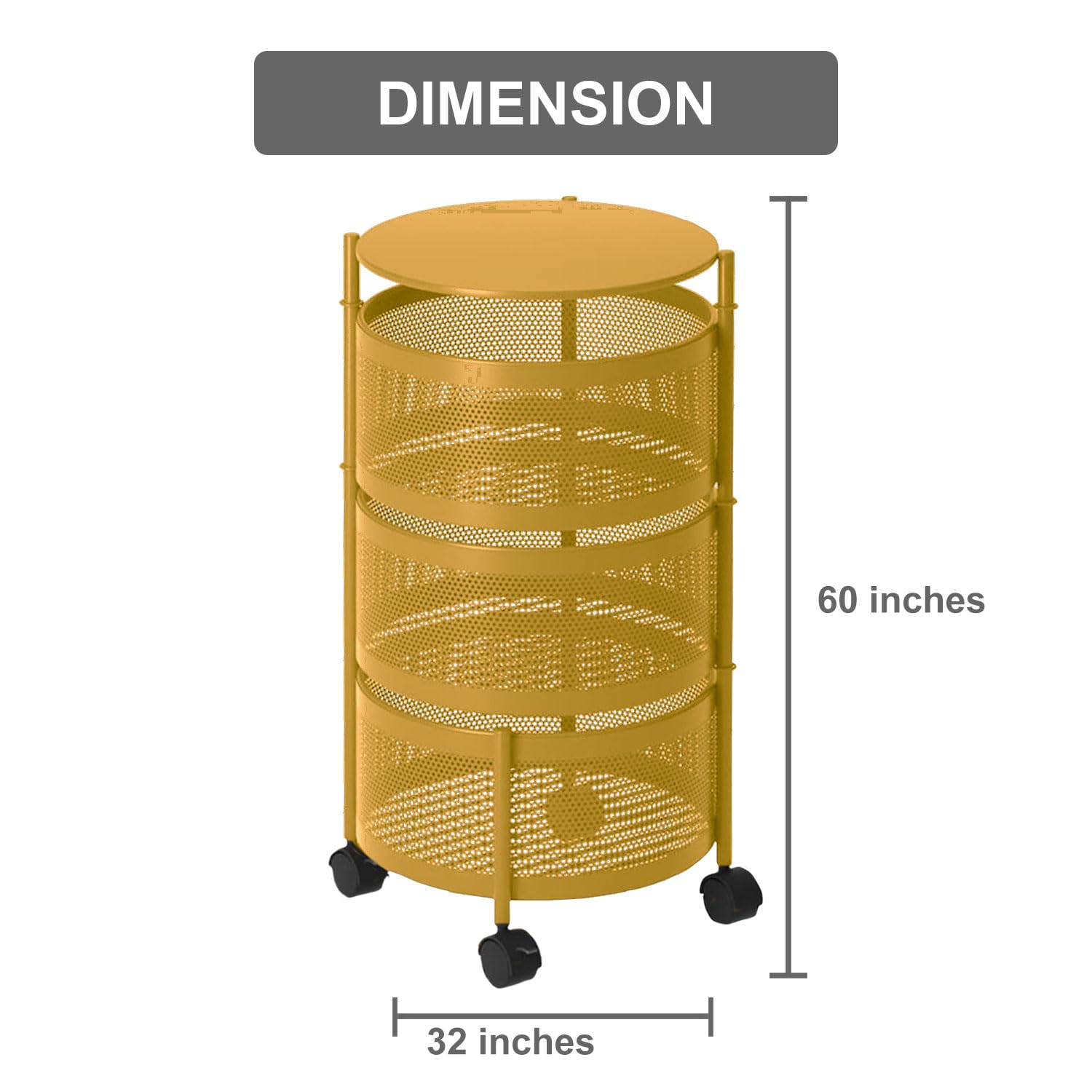 3-Tier Revolving Kitchen Trolley with Wheels (Gold 32x32x60)