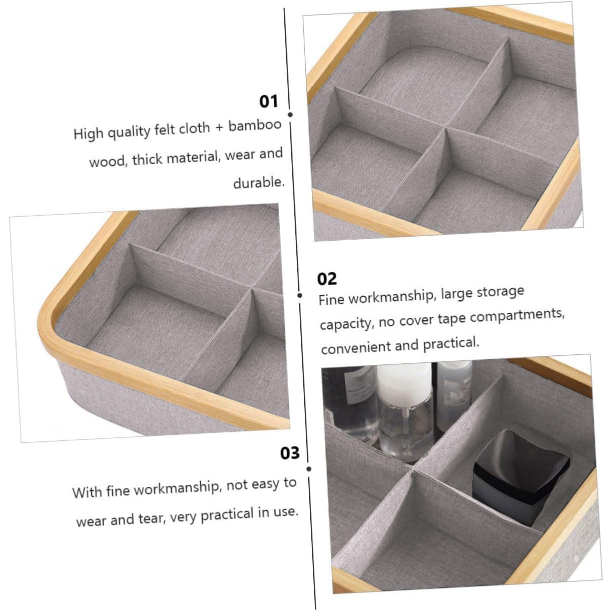 Bamboo Frame Fabric Drawer Organisers for Clothes (30x30 cm, Grey)