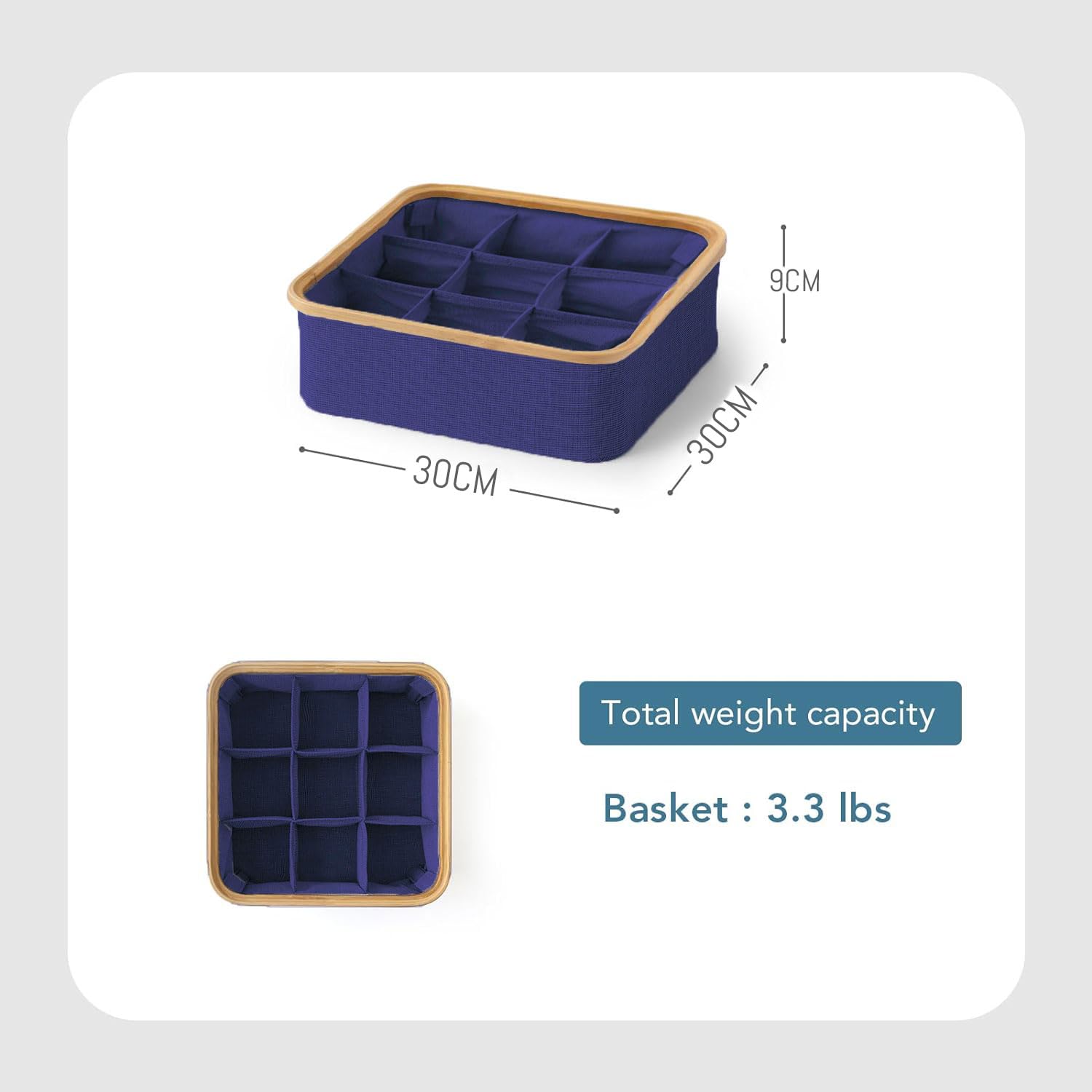 Bamboo Frame Clothes Drawer Organisers with 9 Sections (30x30 cm, Navy Blue)