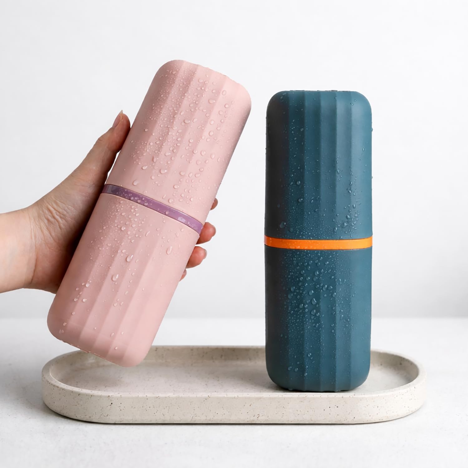 Portable Toothbrush Holder Case Combo ( 7x21 cm, Navy Blue & Peach) Pack of 2