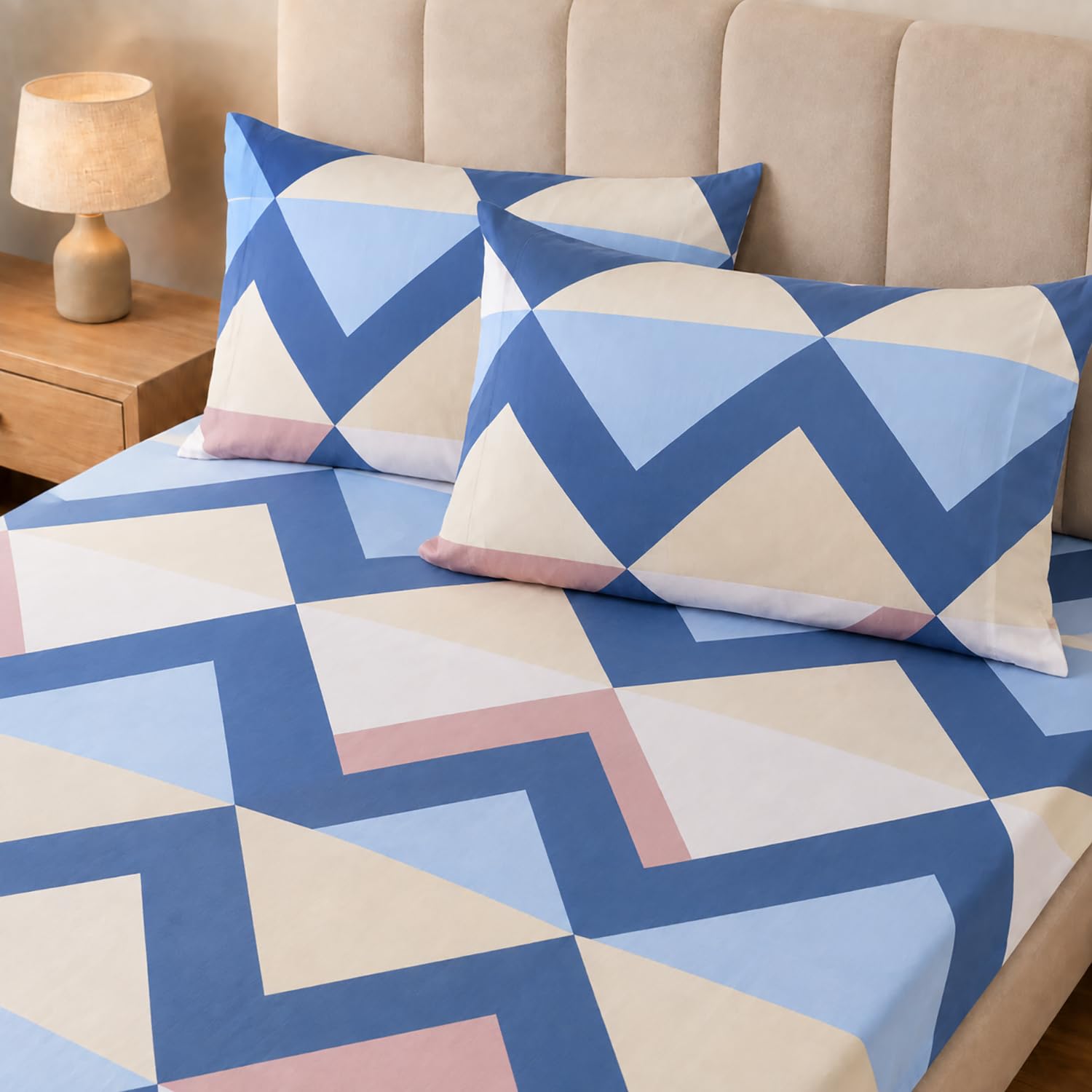 King Size Double Bedsheet with 2 Pillow Covers Premium Pastel Geometry Printed  90x100 inch