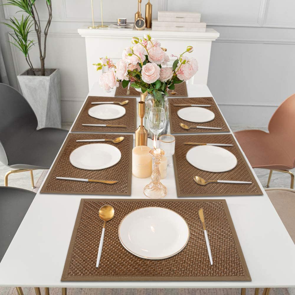 Luxe Home International PVC Vinyl Basket Design Placemat STBT001 – Heat Resistant, Wipe Clean, Anti-Skid Table Mats for Dining Table, Kitchen & Home Decor (30x45 CM Brown Set of 6)
