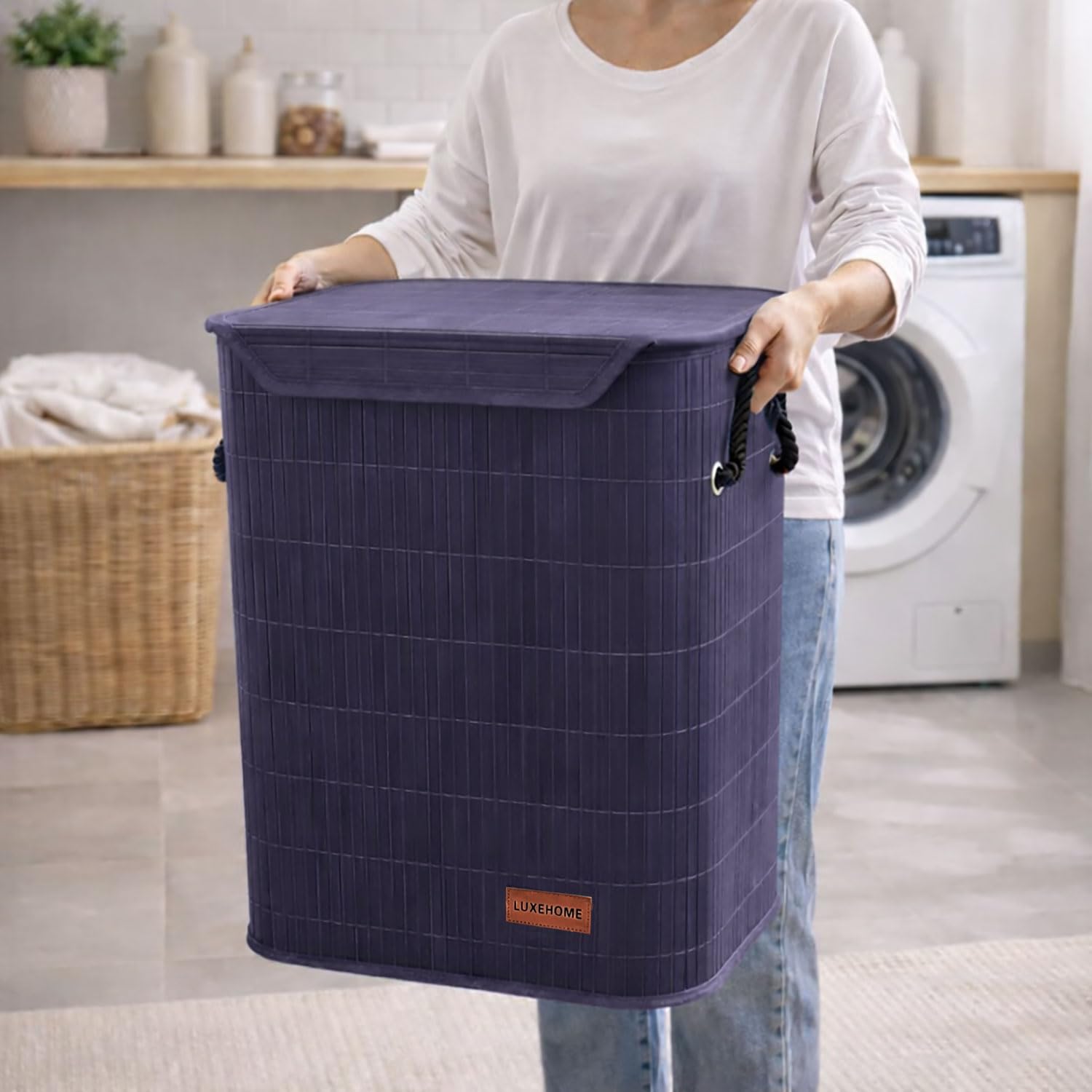 Rectangle Bamboo Laundry Basket for Clothes (Navy, 40x30x50 cm)