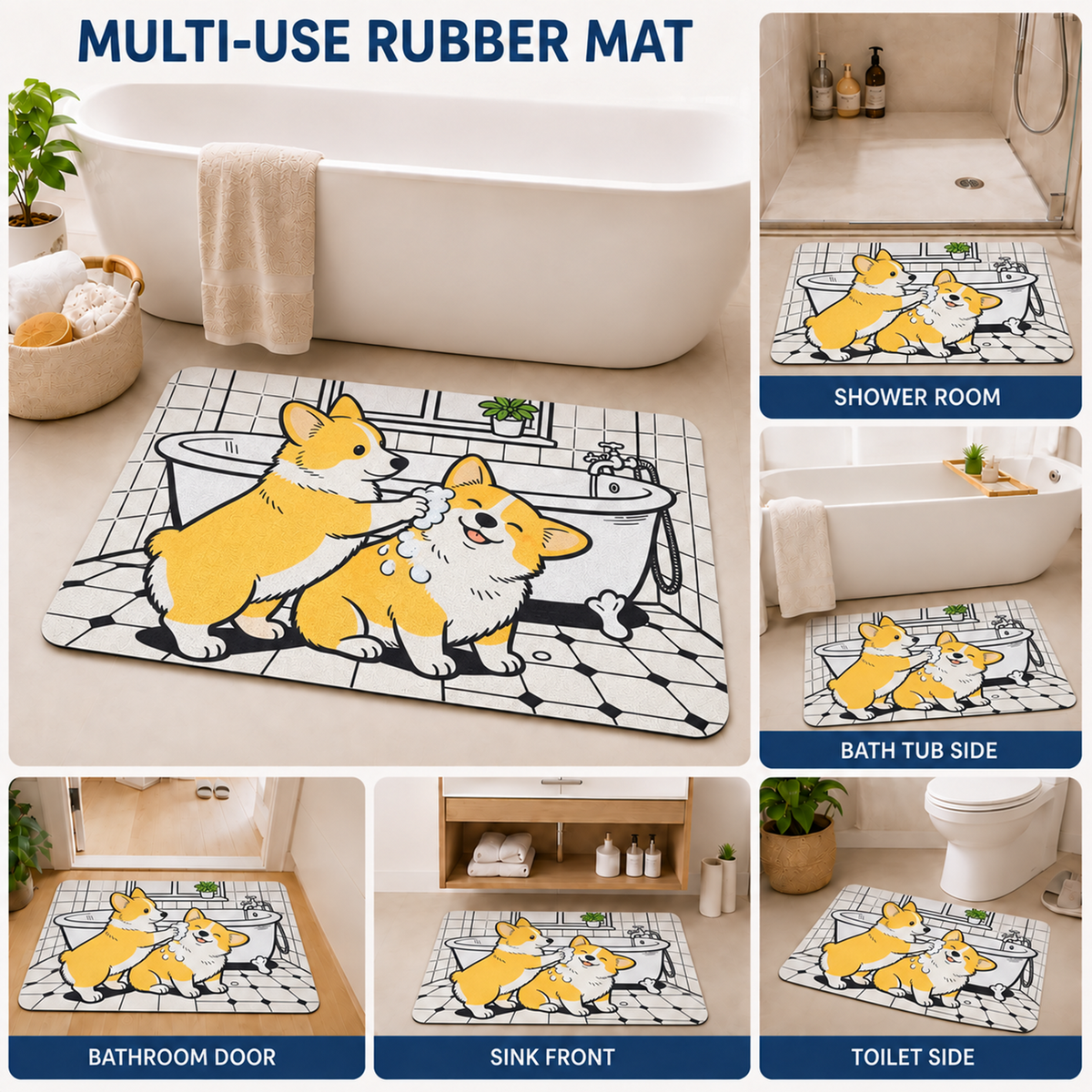 Rubber Bath Mat Anti Slip Quick Drying Soft Corgi Spa ( White & Yellow, 40x60 cm )