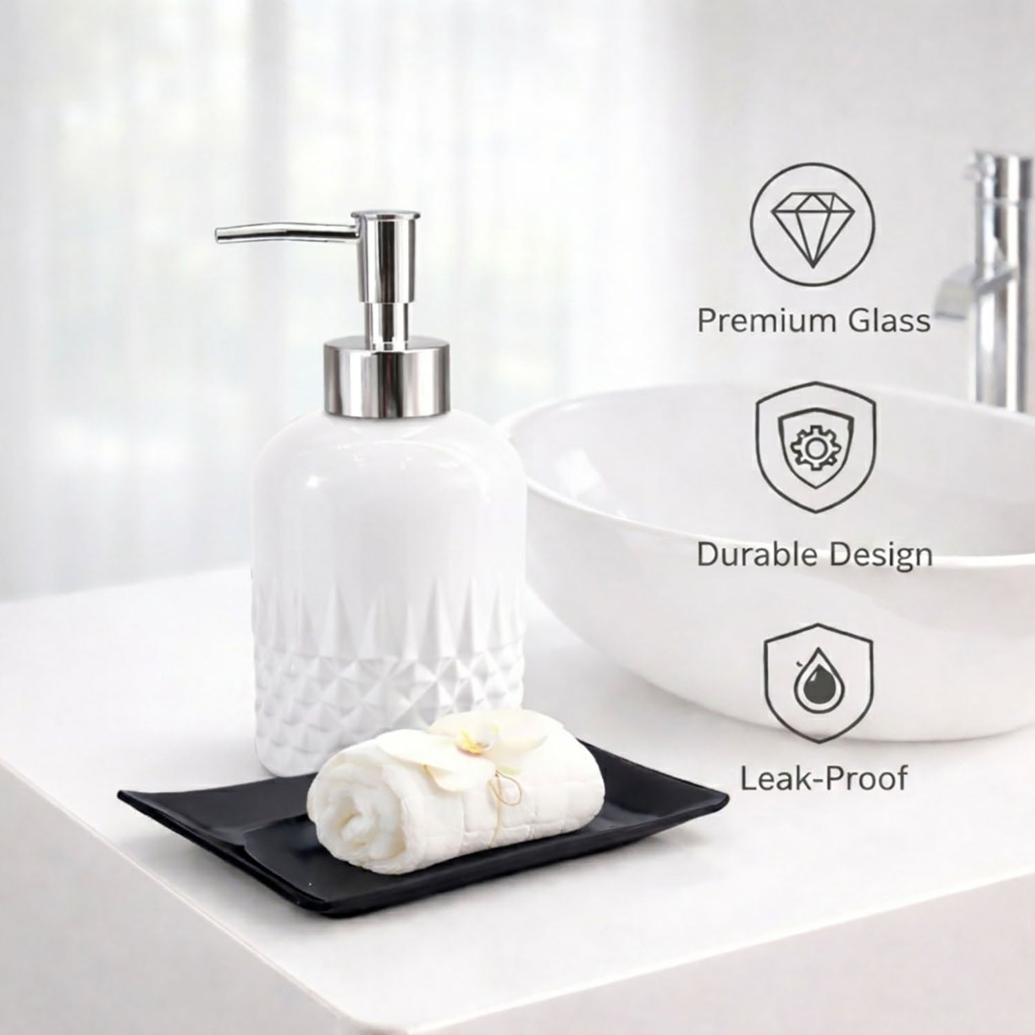 Diamond Cut Pattern Glass Soap Dispenser For Bathroom And Kitchen Sink ( 19.5x8 cm White )
