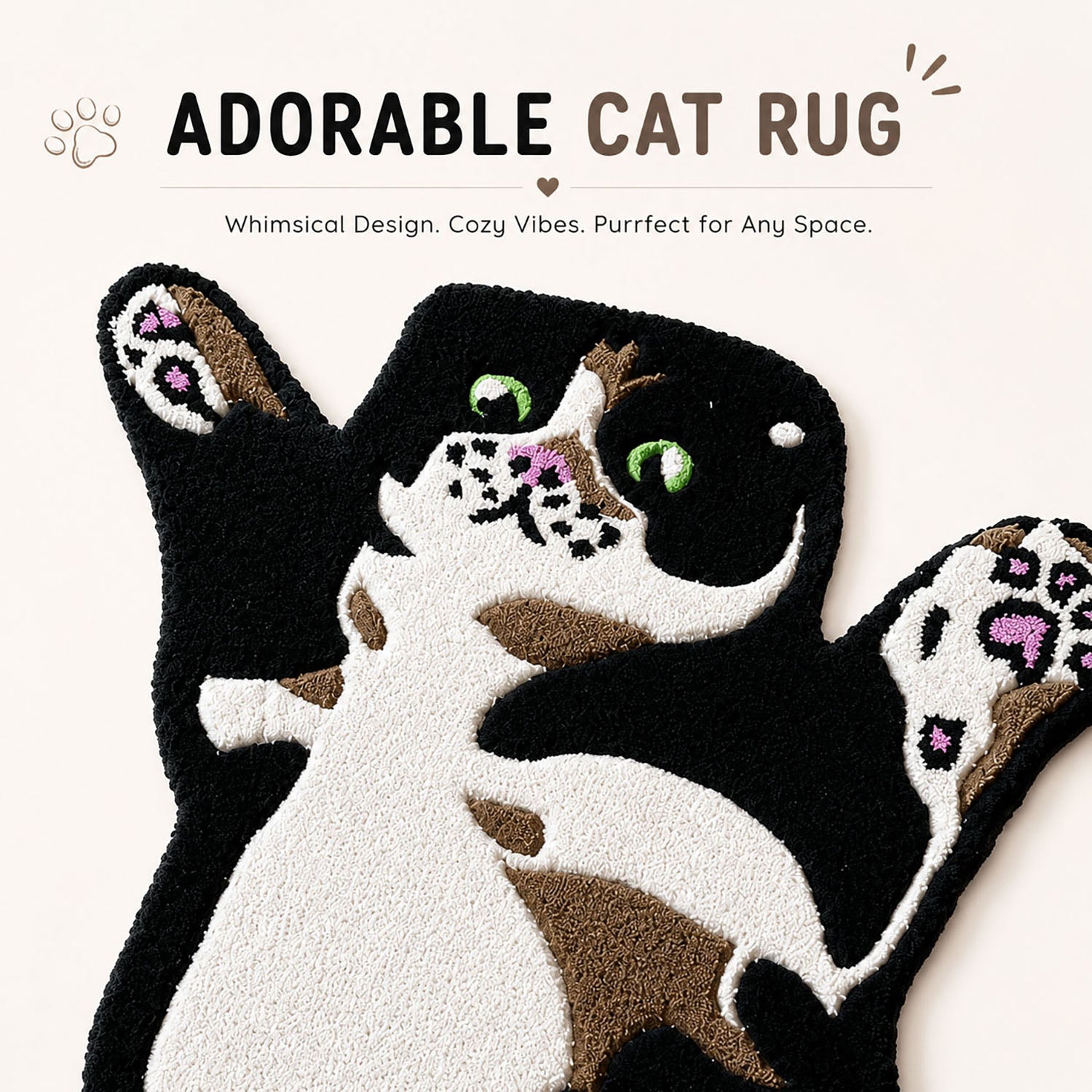 Cat-Shaped Tufted Wool Rug Premium Unique Floor Mat for Living Room Bedroom & Wall Decor (99x66 cm, Black )