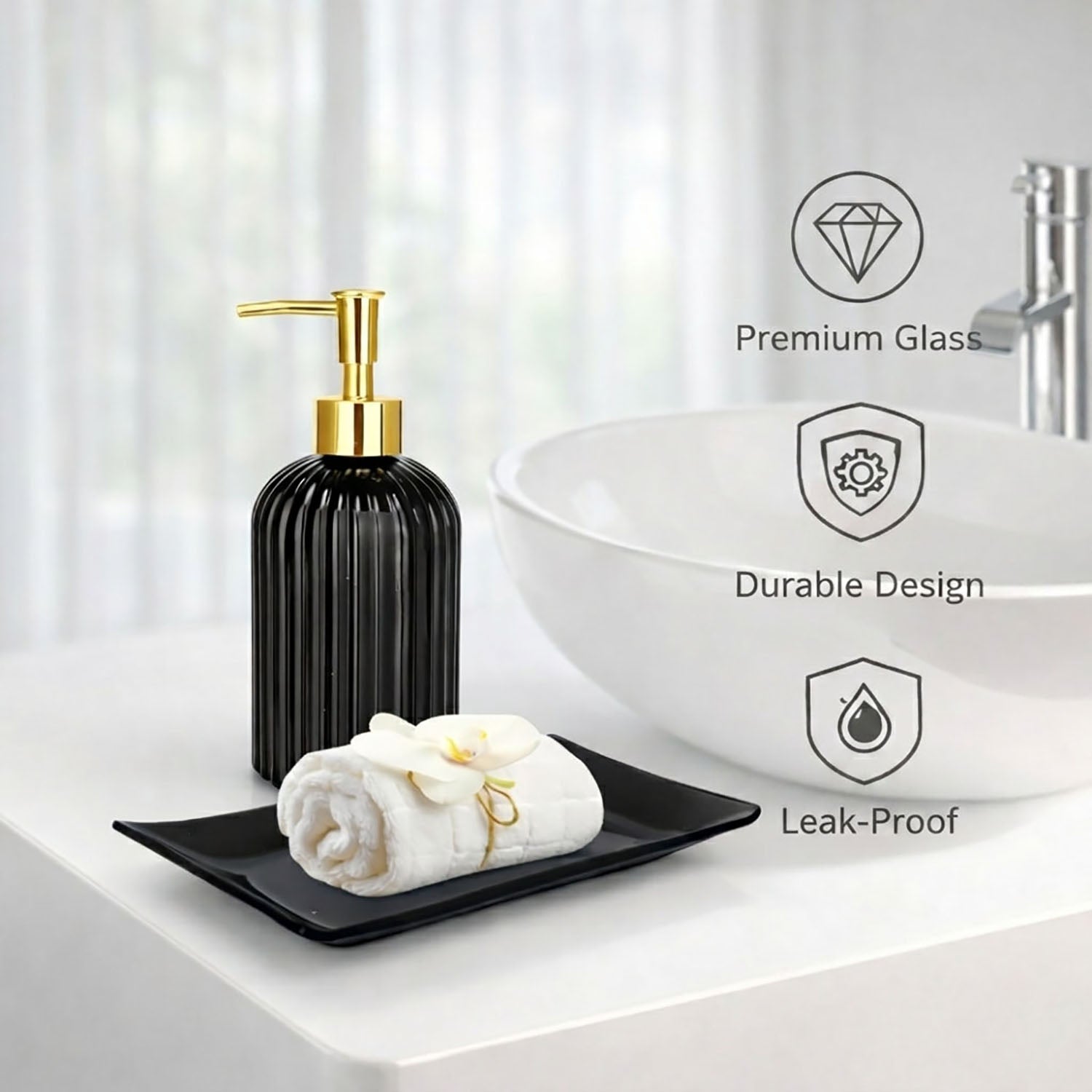 Vertical Ribber Pattern Glass Soap Dispenser For Bathroom And Kitchen Sink ( 19.5x7.5 cm Black )