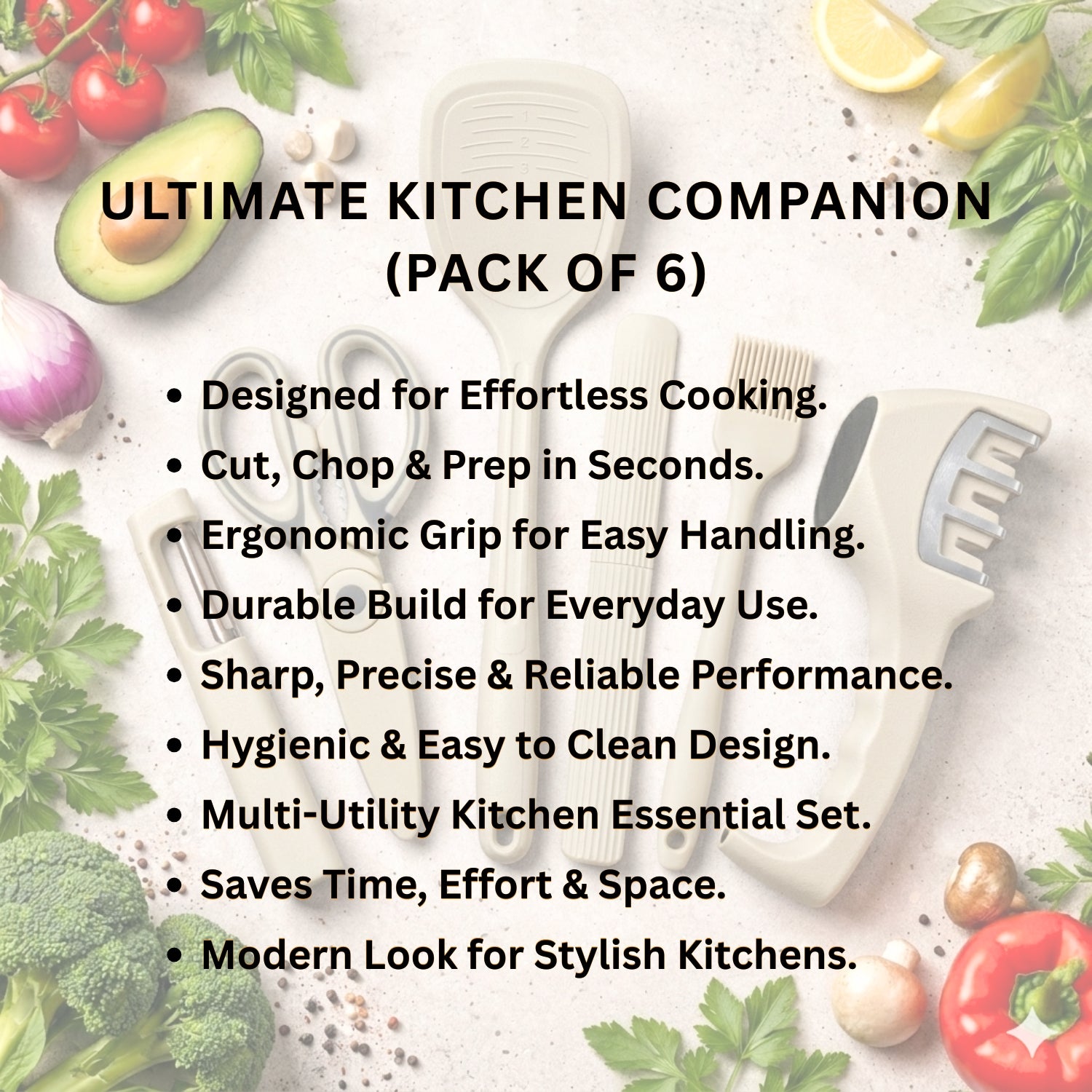 Kitchen Tool Set Plastic Non-Stick Cooking Utensils For Kitchen ( Cream Solid Pack Of 6)
