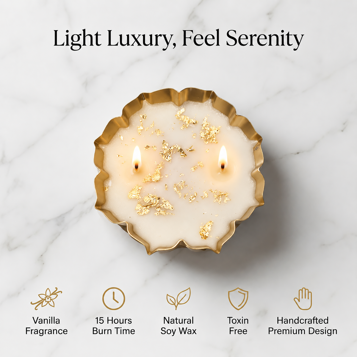 Soy Wax Decorative Lotus Urli Scented Candle With Gold Leaf Pattern ( White And Gold  , 12x12cm )