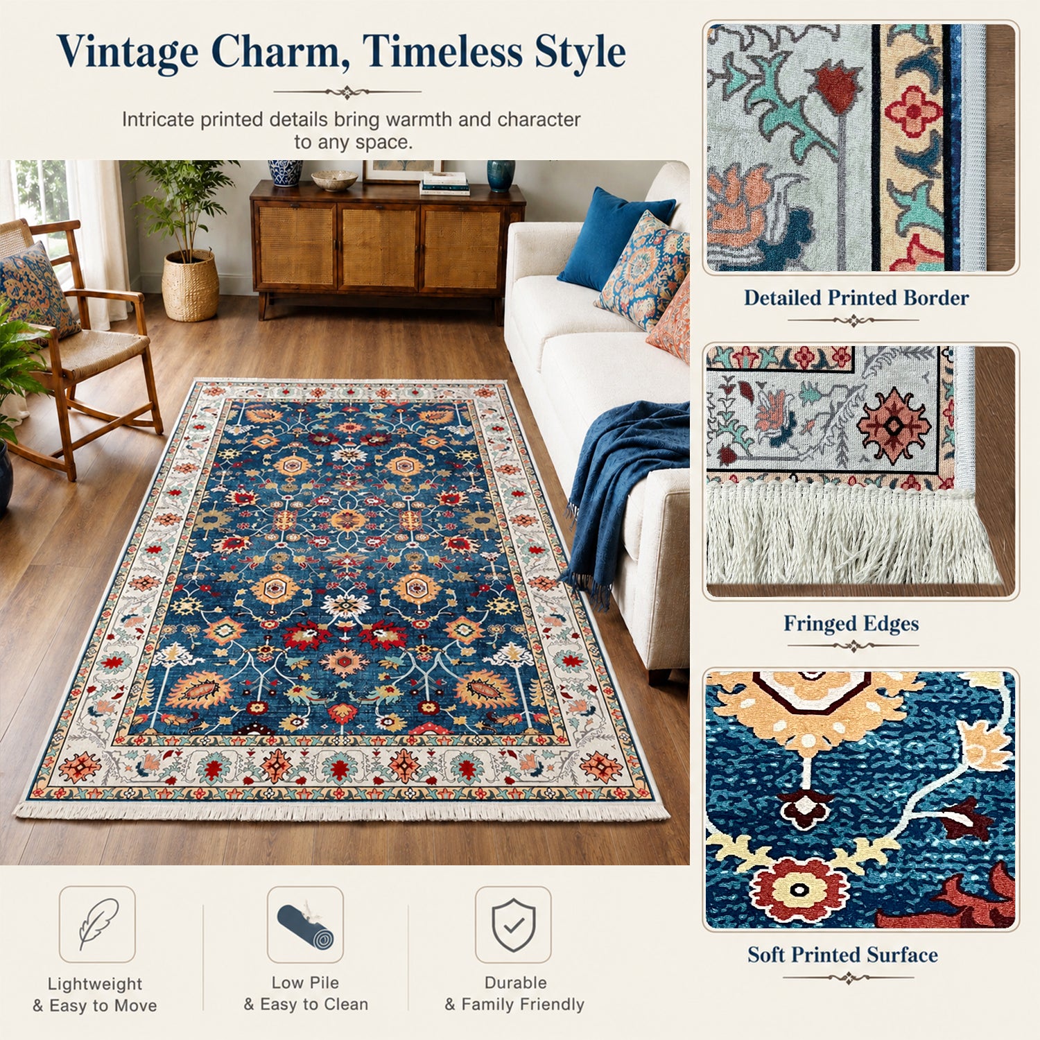 Riyasat Printed Carpet For Home And Office ( 4x6 ft, Royal Blue )