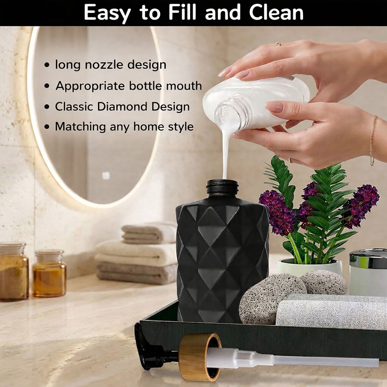 Faceted Pattern Glass Soap Dispenser For Bathroom And Kitchen Sink ( 17.5x7.5 cm Black )