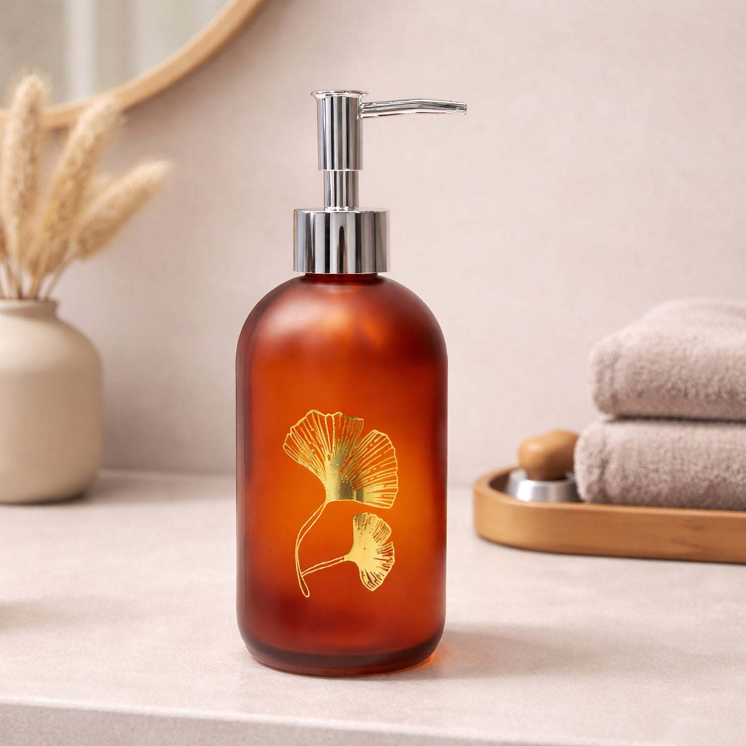 Flower Print Glass Soap Dispenser For Bathroom And Kitchen Sink ( 19.5x7.5 cm Red Brown )