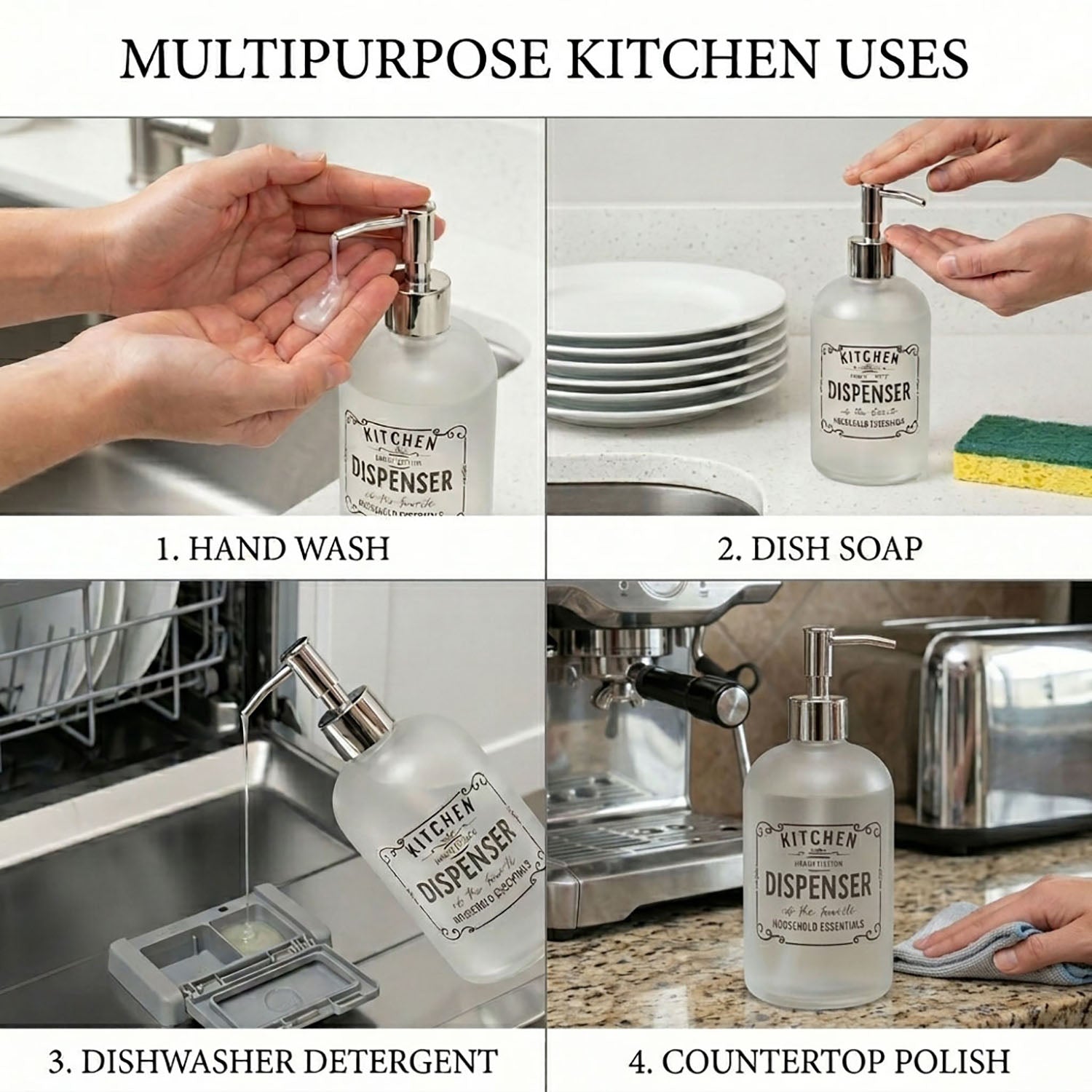 Kitchen Dispenser Print Glass Soap Dispenser For Bathroom And Kitchen Sink Leak ( 19.5x7.5 cm White )