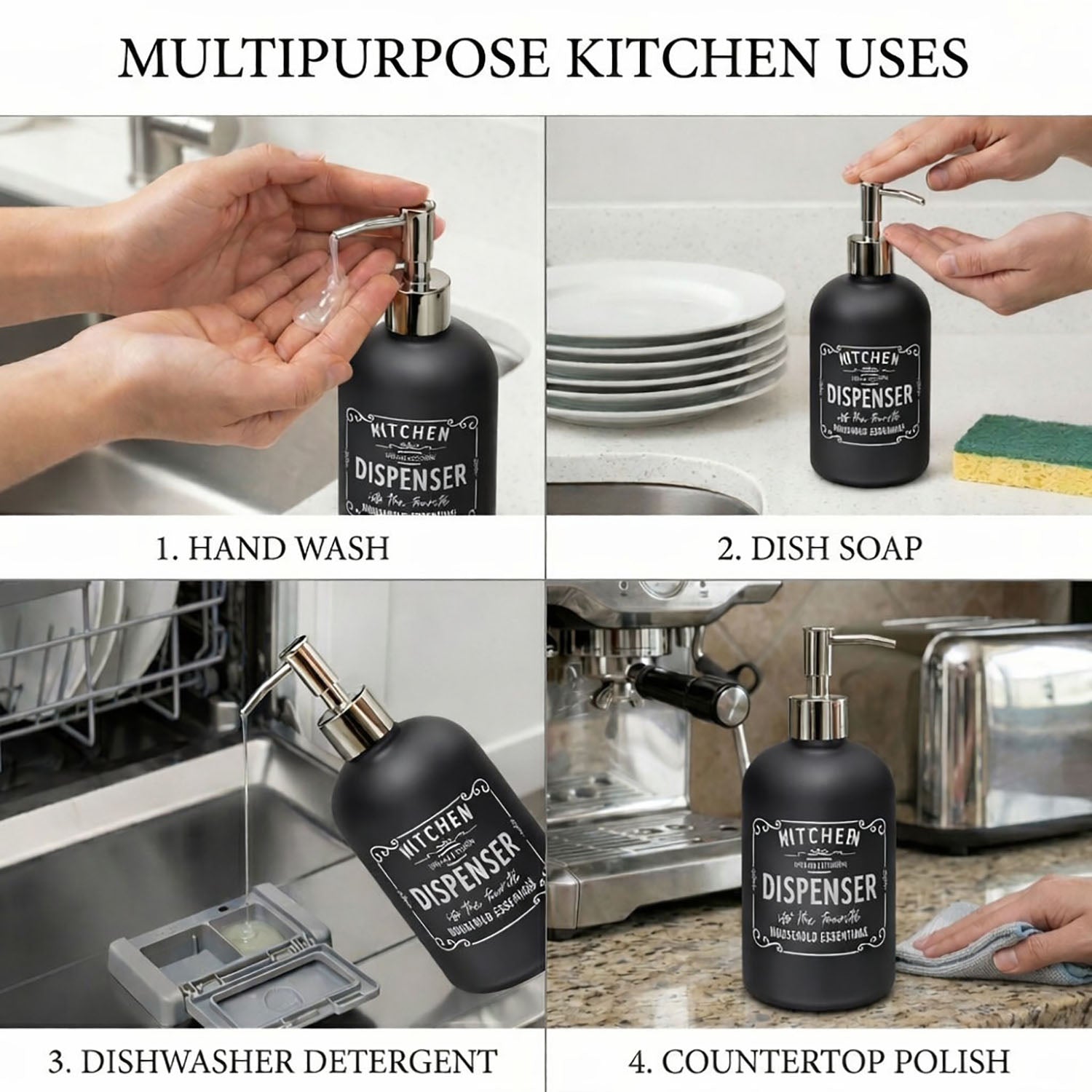 Kitchen Dispenser Print Glass Soap Dispenser For Bathroom And Kitchen Sink Leak ( 19.5x7.5 cm Black )