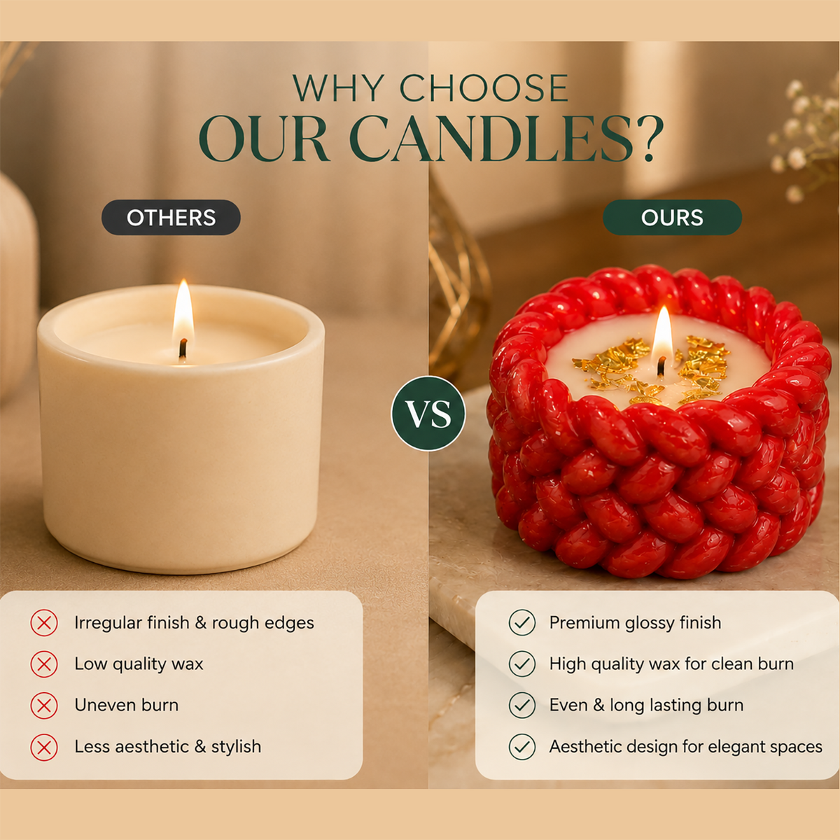 Soy Wax Decorative Scented Candle With Gold Leaf Braided ( Red , 6 x 6 cm )
