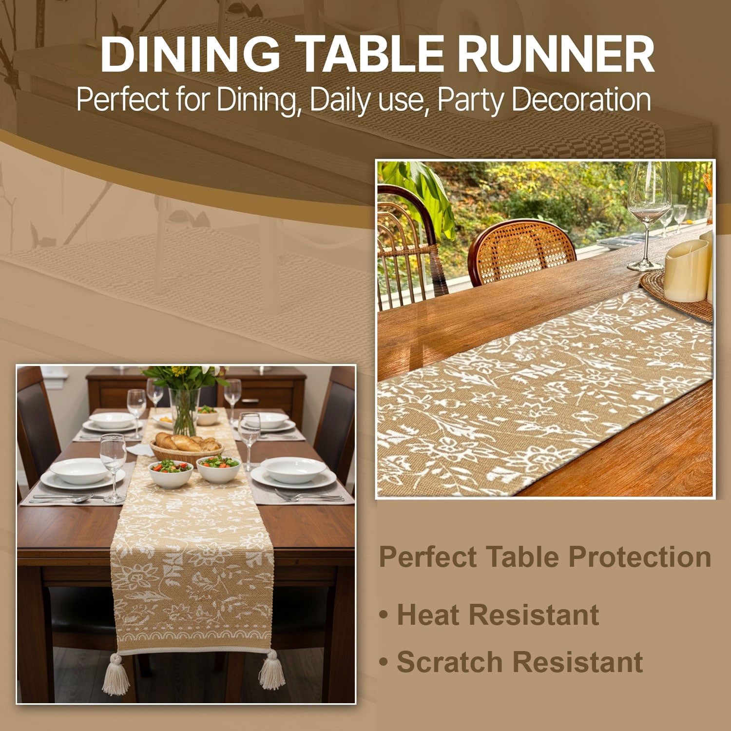 Table Runner with Tassels - Cotton 13.5 x 79.5 Inch, Floral