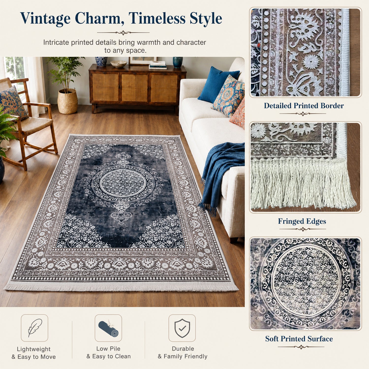 Riyasat Printed Carpet For Home And Office ( 4x6 ft, Charcoal Grey )