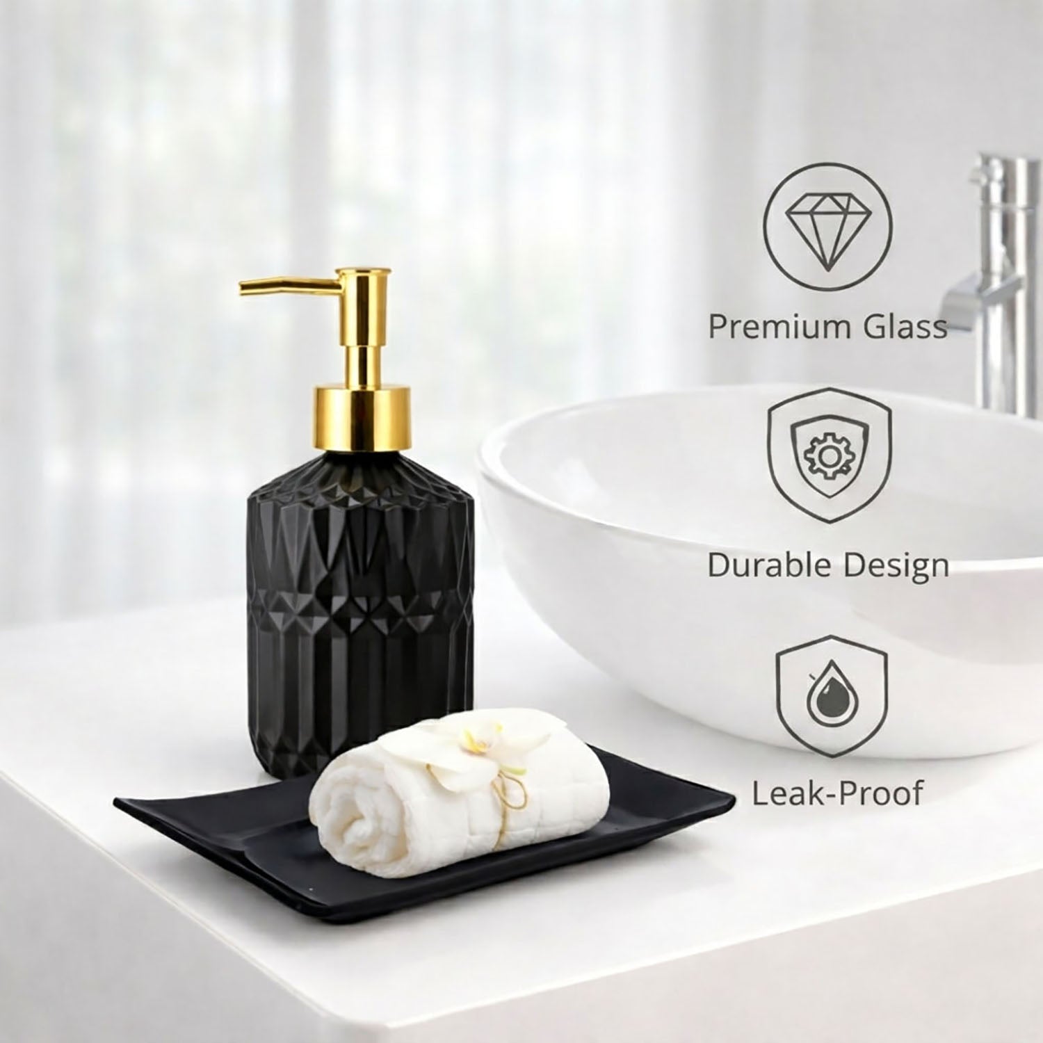 Geometric Texture Pattern Glass Soap Dispenser For Bathroom And Kitchen Sink ( 19x7.5 cm Black )