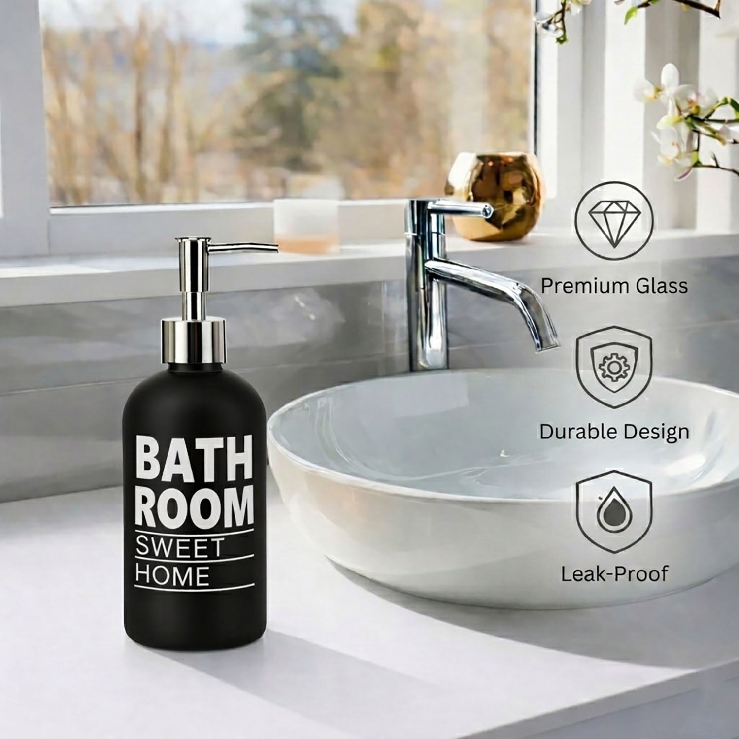 Bathroom Sweet Home Print Glass Soap Dispenser For Bathroom And Kitchen Sink ( 19.5x7.5 cm Black )