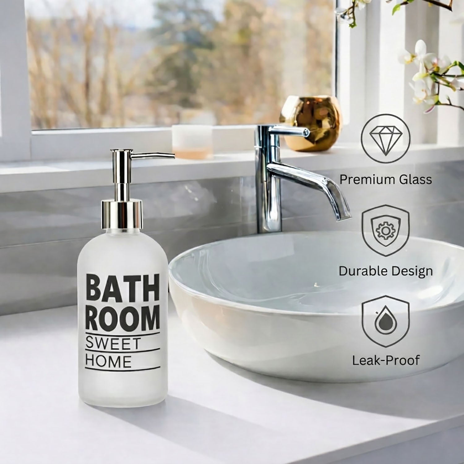 Bathroom Sweet Home Print Glass Soap Dispenser For Bathroom And Kitchen Sink ( 19.5x7.5 cm White )