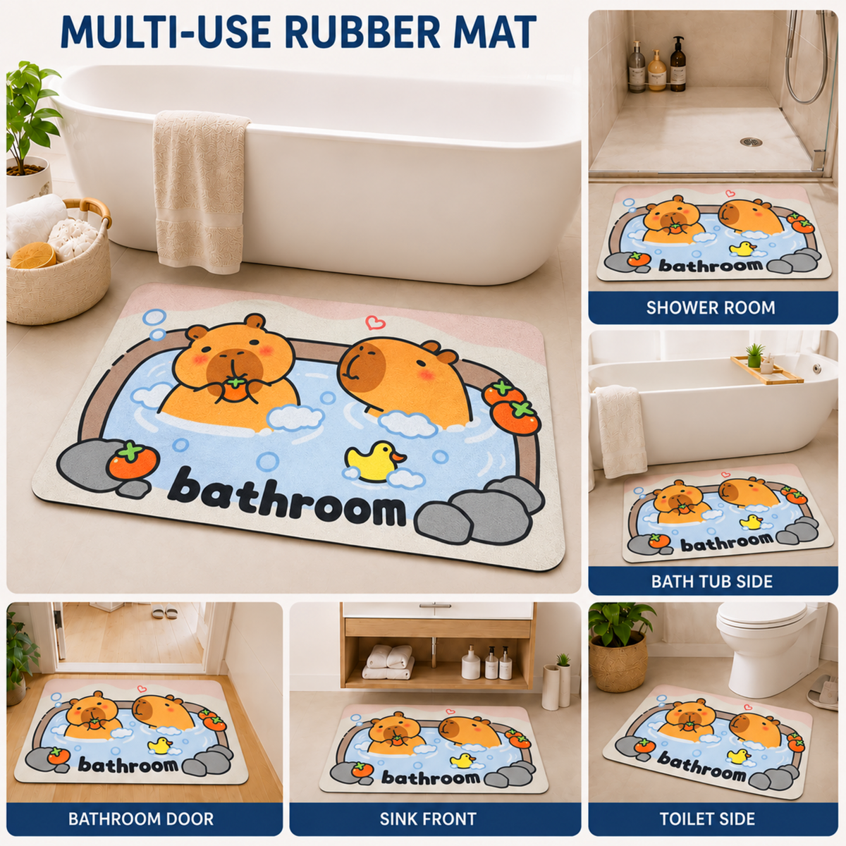Rubber Bath Mat Anti Slip Quick Drying Soft Capybara ( Blue, 40x60 cm )