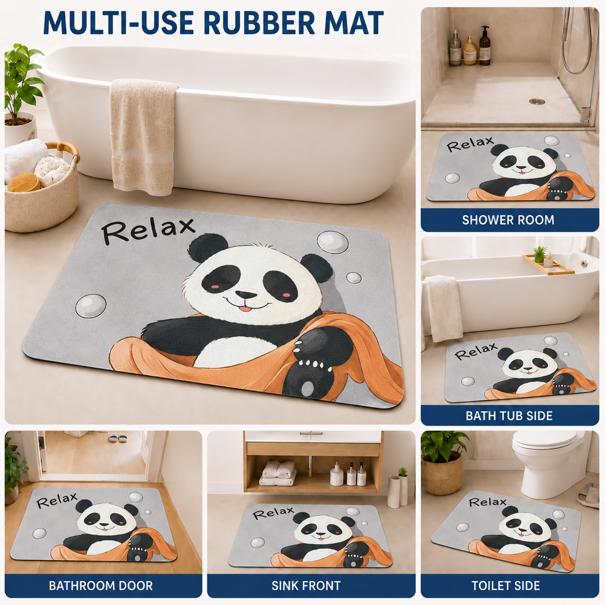 Rubber Bath Mat Anti Slip Quick Drying Soft Relaxing Panda ( Grey, 40x60 cm )