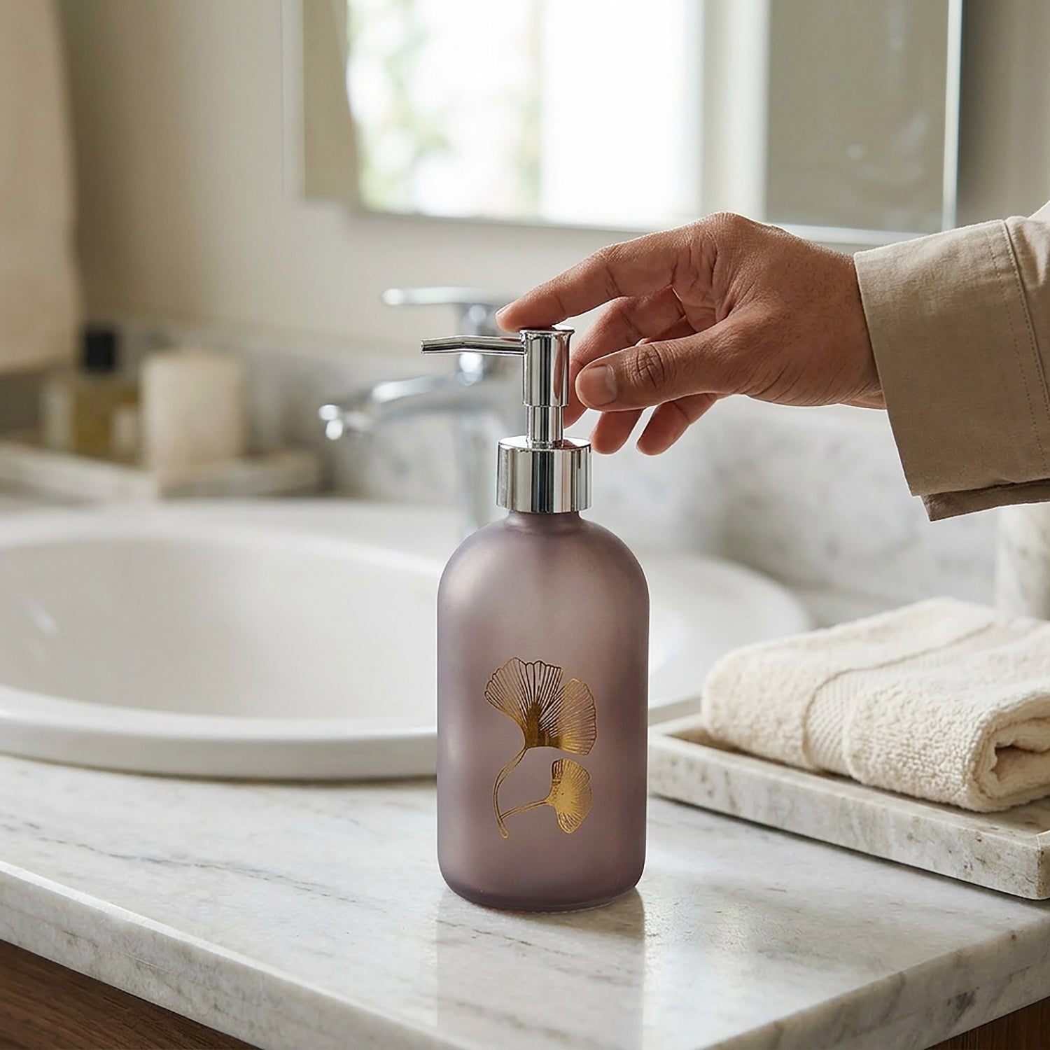 Flower Print Glass Soap Dispenser For Bathroom And Kitchen Sink ( 19.5x7.5 cm Brown )