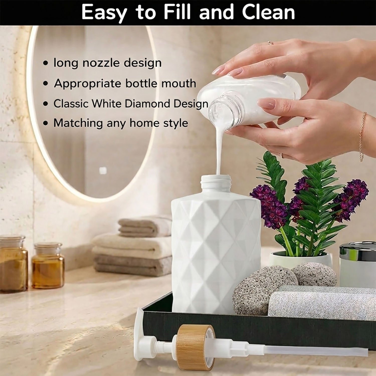 Faceted Pattern Glass Soap Dispenser For Bathroom And Kitchen Sink ( 17.5x7.5 cm White)