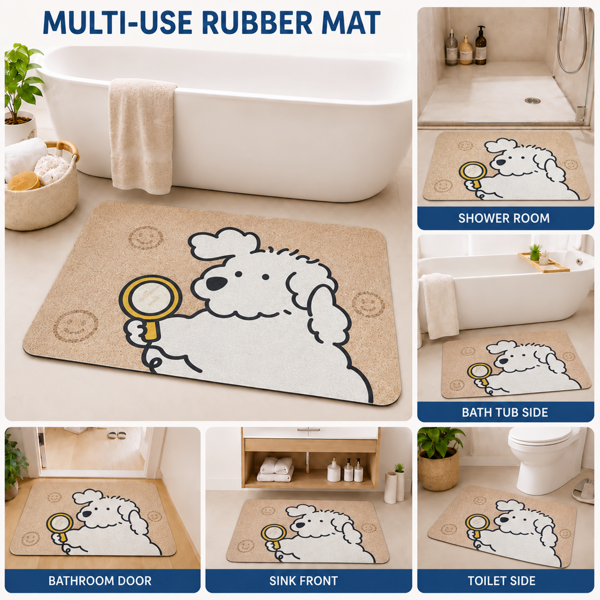 Rubber Bath Mat Anti Slip Quick Drying Soft Curious Puppy ( Beige, 40x60 cm )