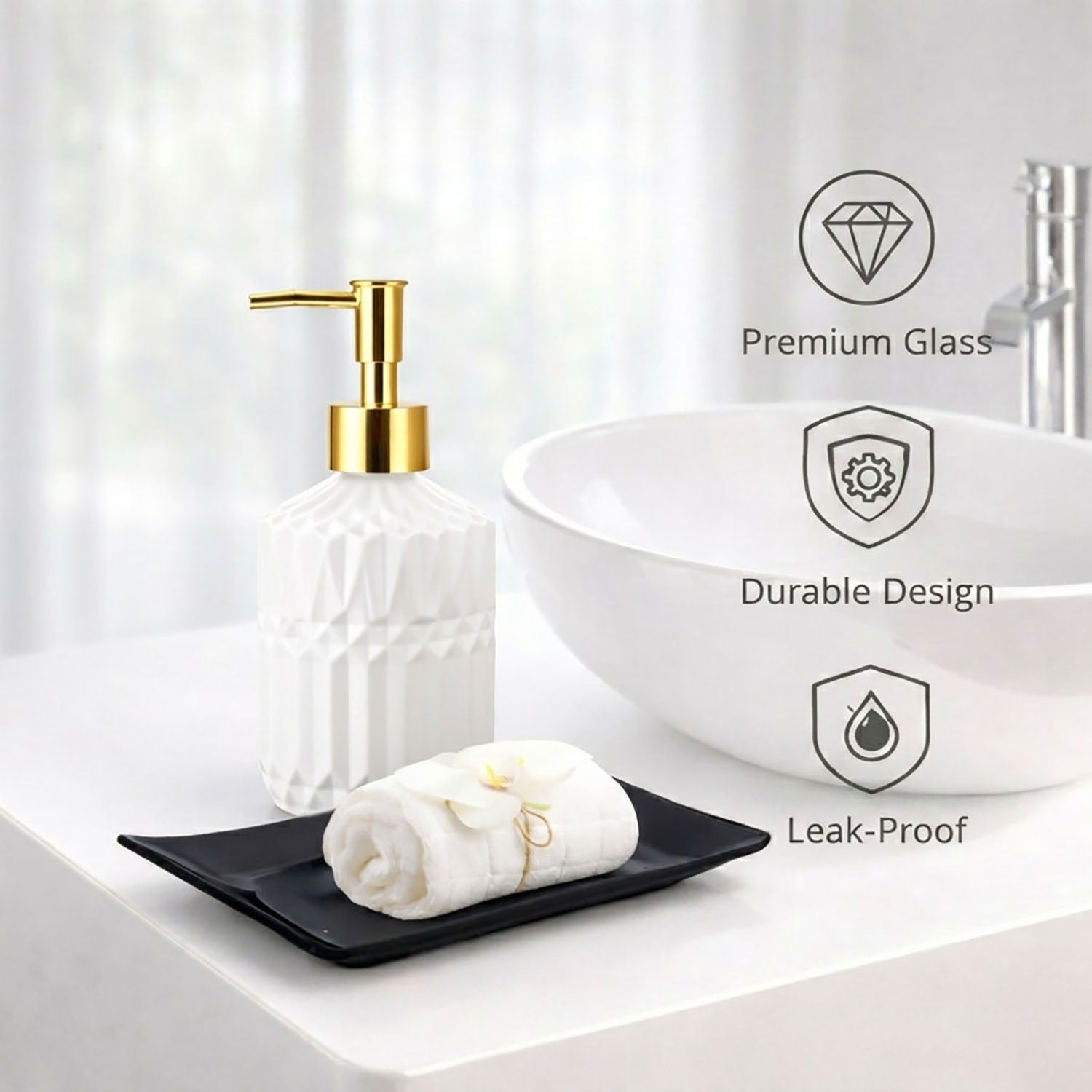 Geometric Texture Pattern Glass Soap Dispenser For Bathroom And Kitchen Sink Leak ( 19x7.5 cm White )