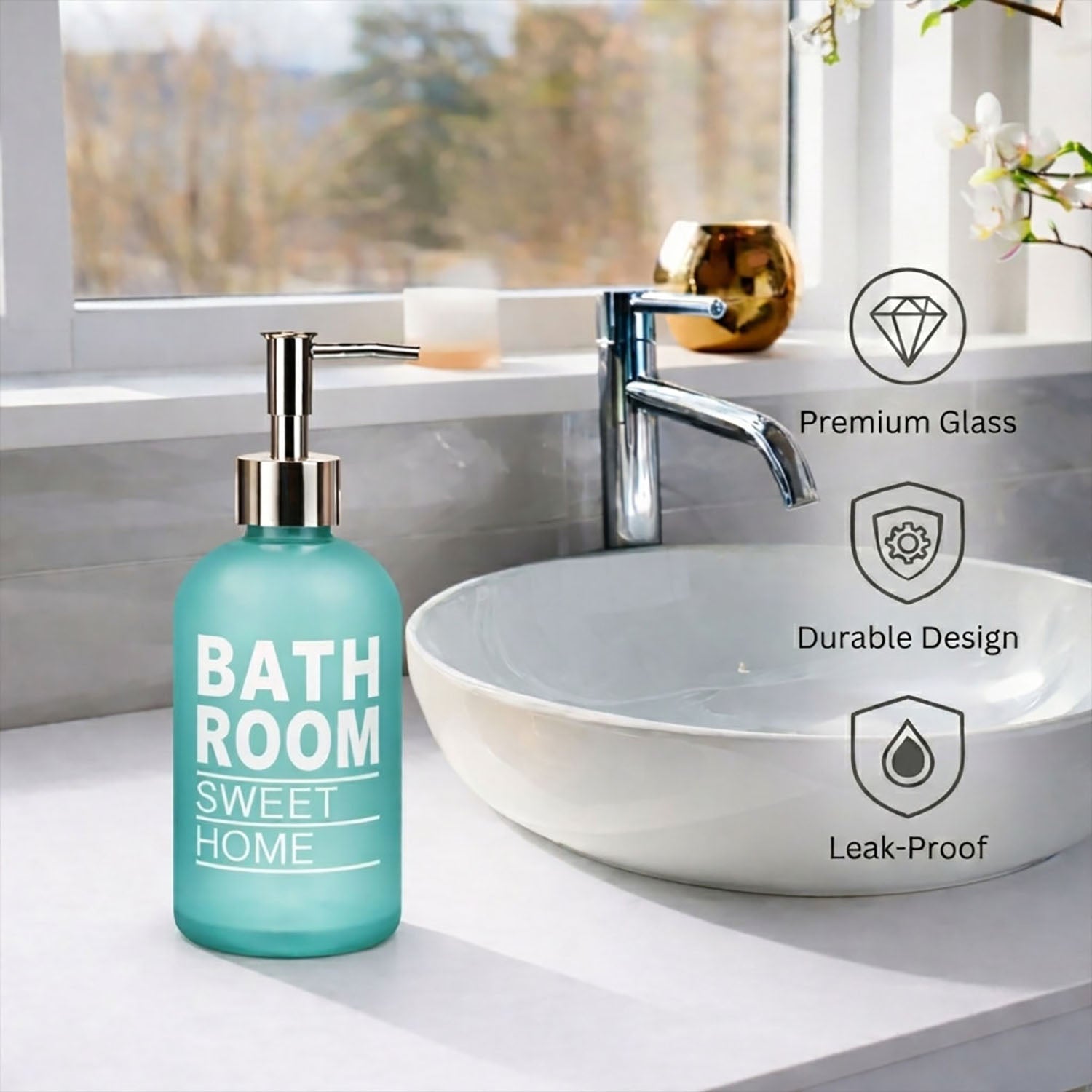 Bathroom Sweet Home Print Glass Soap Dispenser For Bathroom And Kitchen Sink ( 19.5x7.5 cm Aqua )