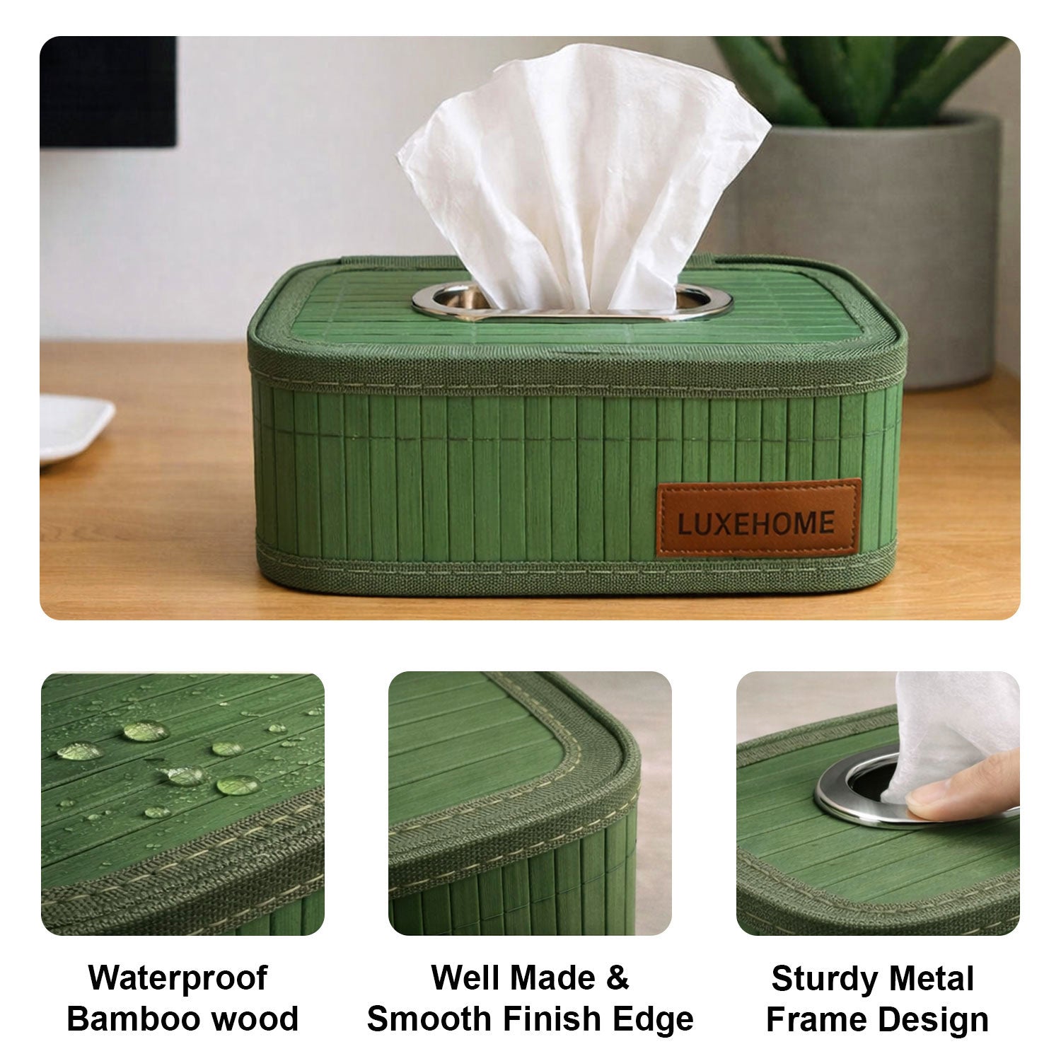 Bamboo Napkin Box Tissue Holder ( Green, 24x14x9 cm )