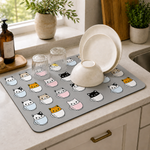 Kitchen Dish Drying Mat | Cute Cat Cup Print | 35x55 cm