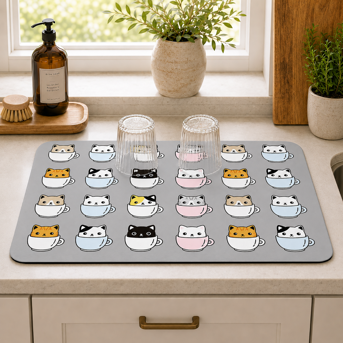 Kitchen Dish Drying Mat | Cute Cat Cup Print | 35x55 cm