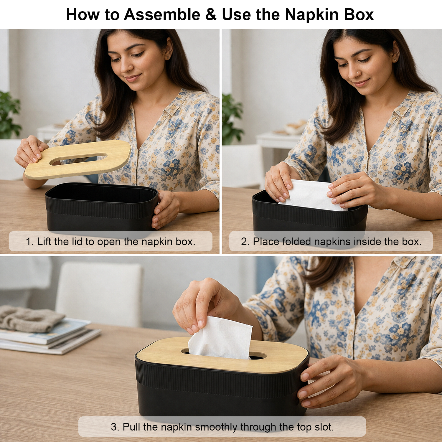 Plastic Tissue Dispenser with Wooden Grain (Black, 21.5x13x7.5 cm)