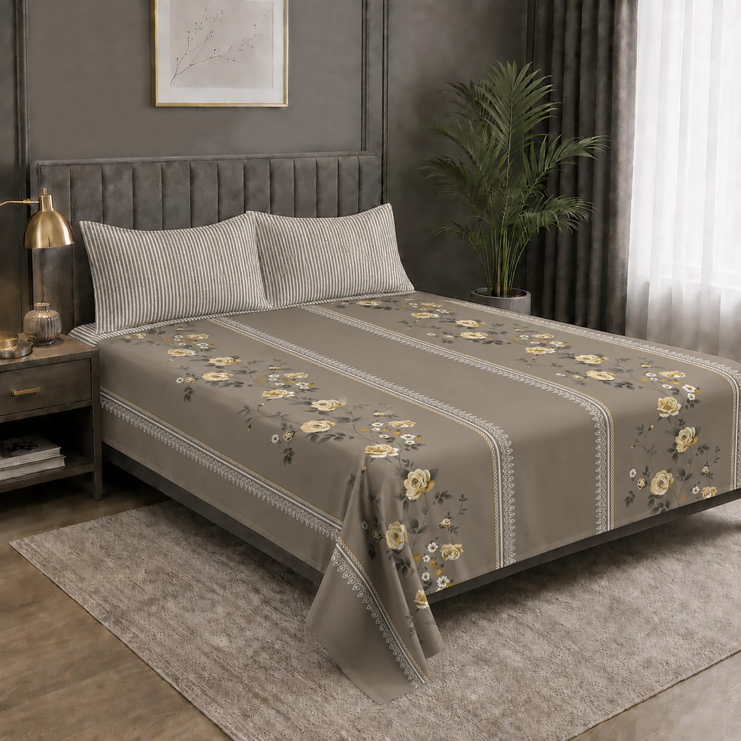 Double Bedsheet with 2 Pillow Covers Premium 240 TC 100% Cotton Feel King Size ( Taupe 108x108 inch )