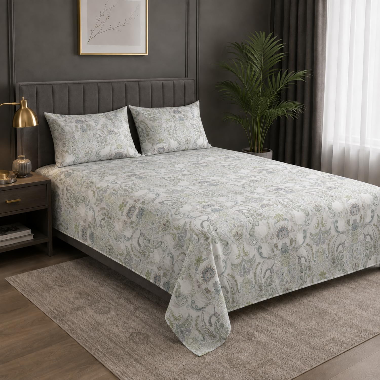 Double Bedsheet with 2 Pillow Covers 220 TC 100% Cotton Feel ( King Size Sage Green 90 x 100 inch )