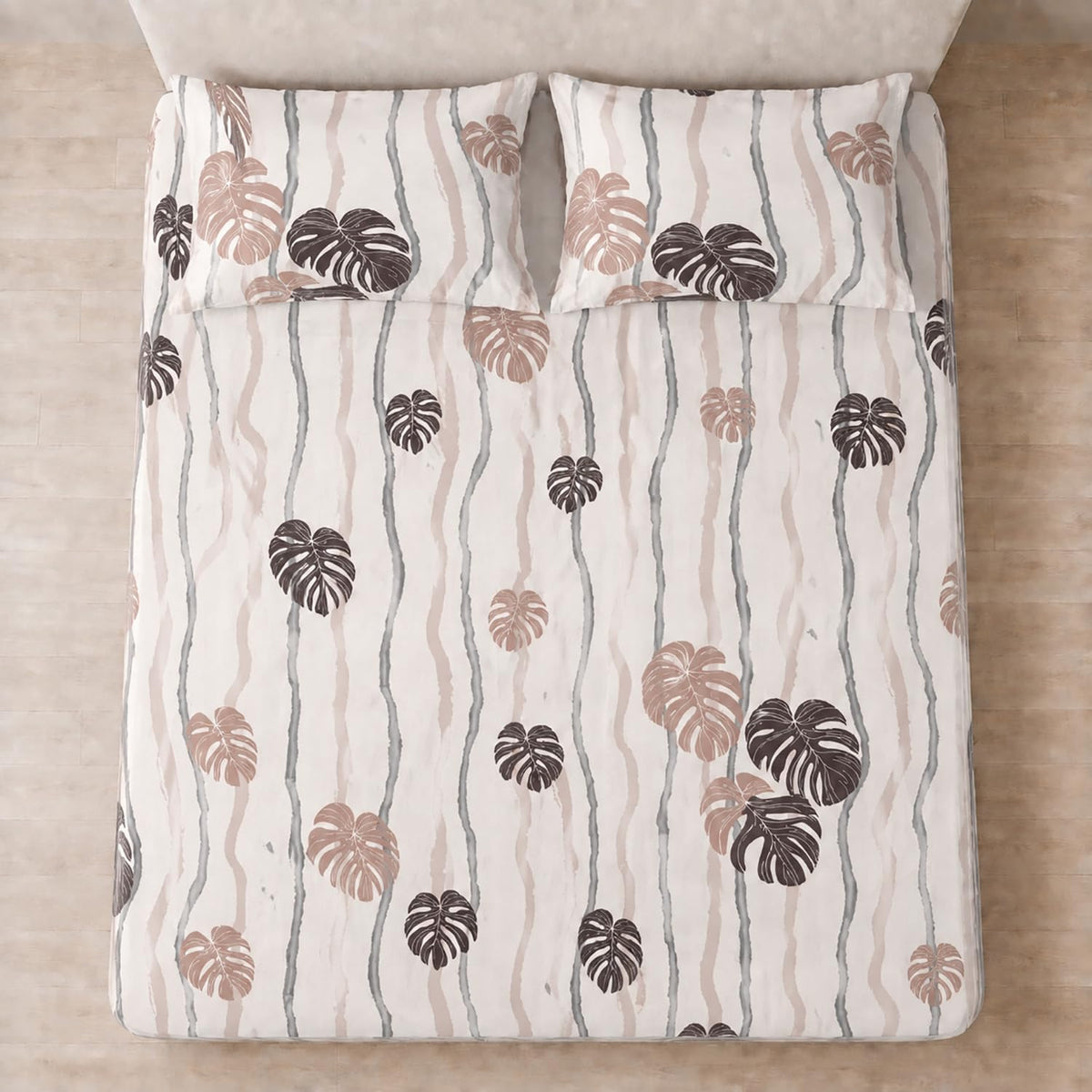 King Size Double Bedsheet with 2 Pillow Covers Premium Tropical Leaf Printed 108x108 inch