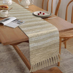 Table Runner with Tassels Stripe(Elegant Beige & White Woven  13 x 74 Inch)