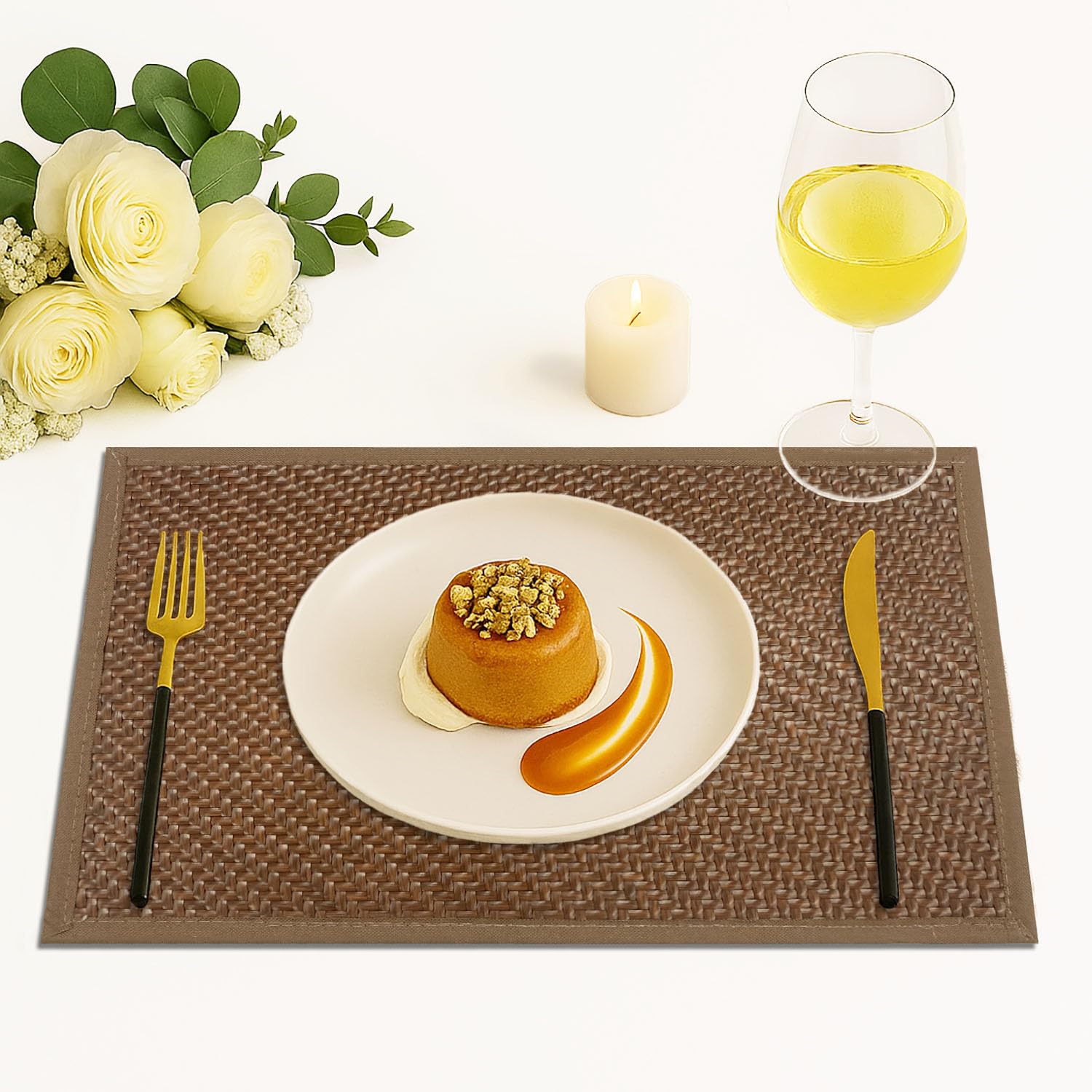 Luxe Home International PVC Vinyl Basket Design Placemat STBT001 – Heat Resistant, Wipe Clean, Anti-Skid Table Mats for Dining Table, Kitchen & Home Decor (30x45 CM Brown Set of 2)