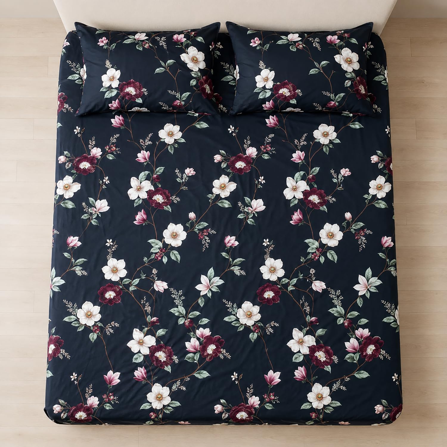 Double Bedsheet with 2 Pillow Covers 220 TC 100% Cotton Feel ( King Size Navy 90x100inch )